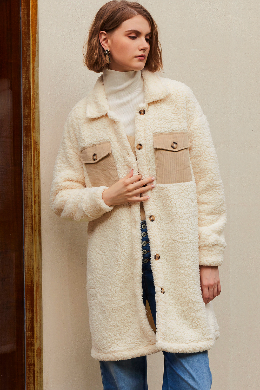Beige Contrast Flap Pocket Single Breasted Teddy Coat - loveforevers