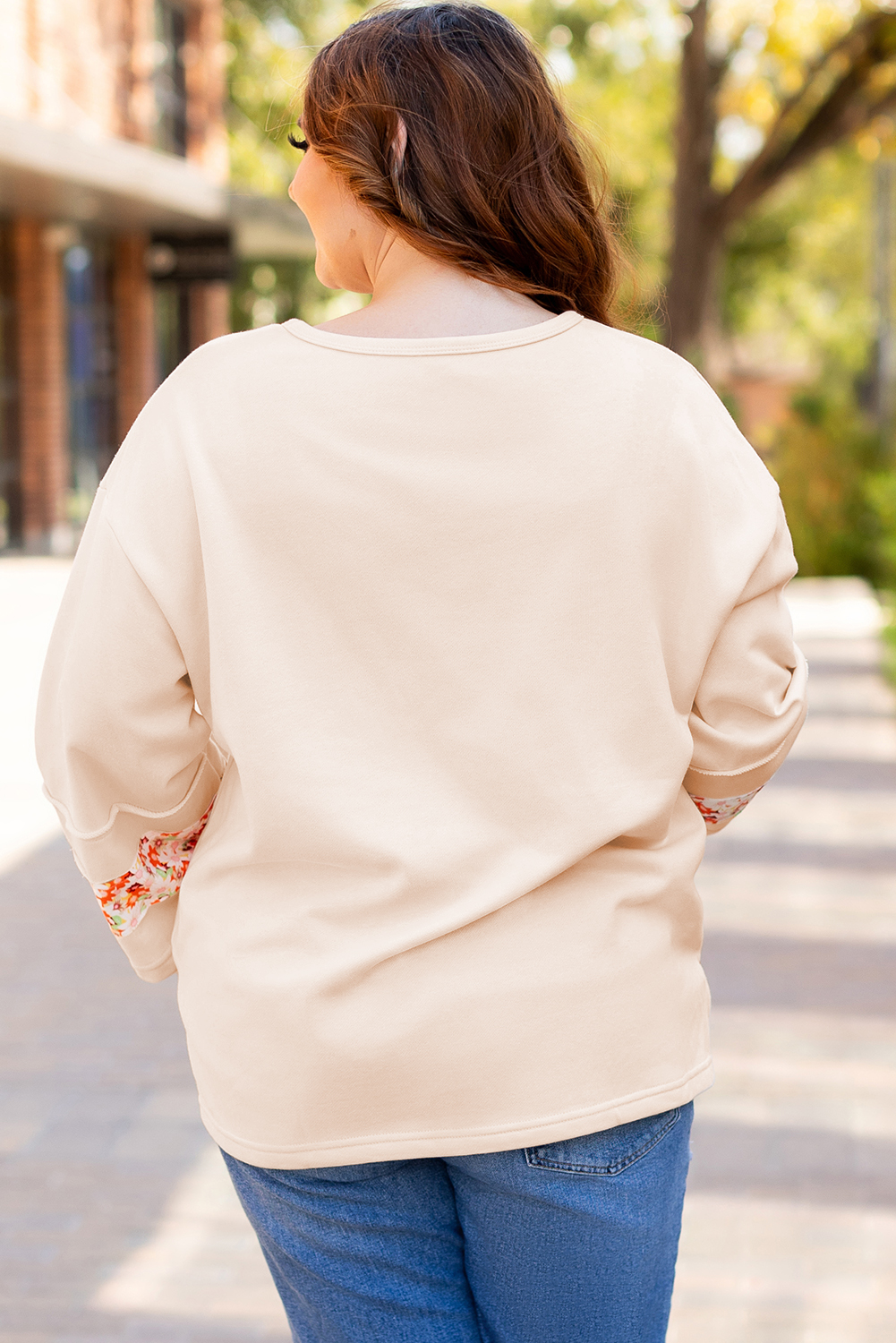 Beige Flower Patch Graphic Exposed Seam Wide Sleeve Top - loveforevers