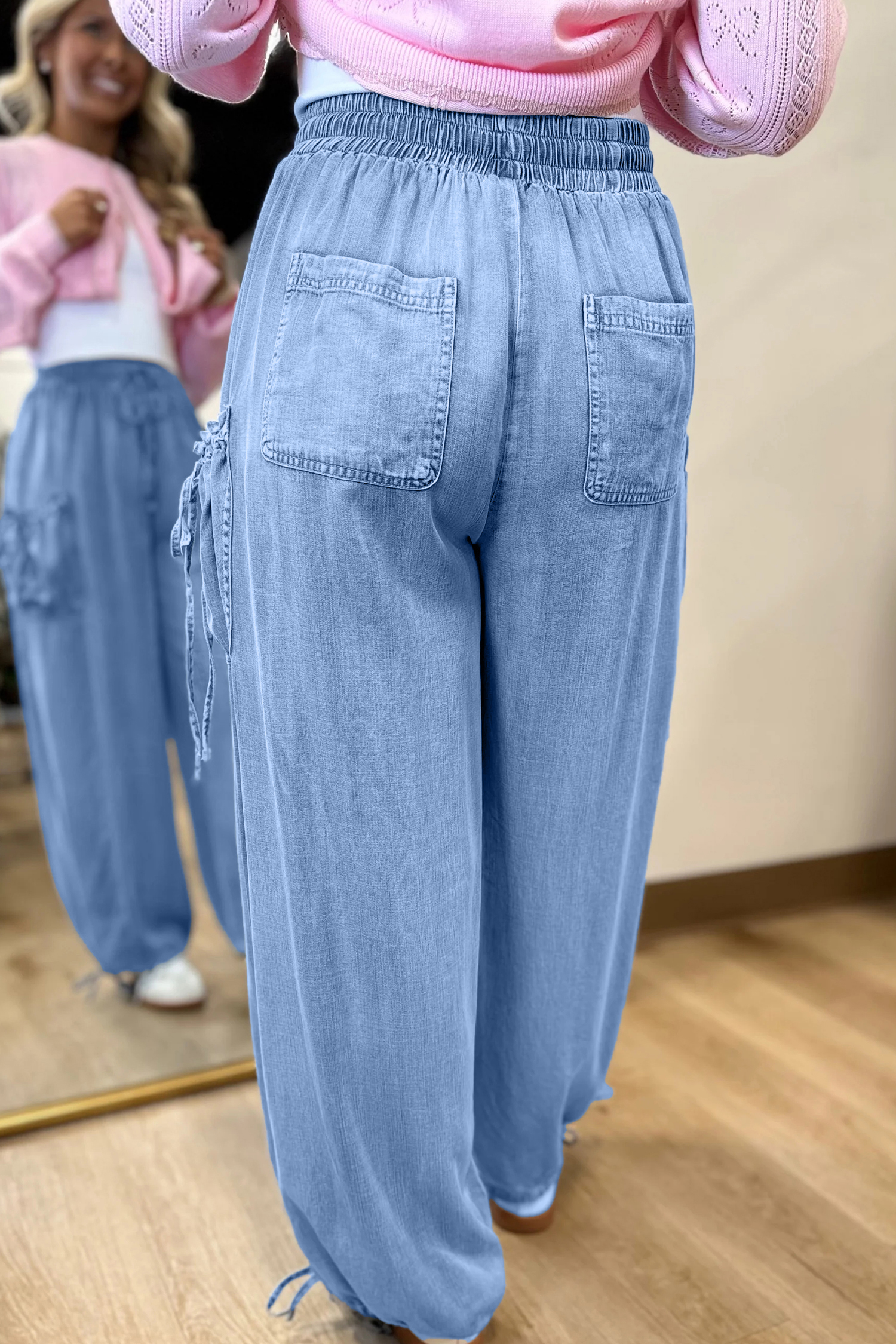 Beau Blue Drawstring Elastic Waist Pocketed Loose Denim Pants - loveforevers