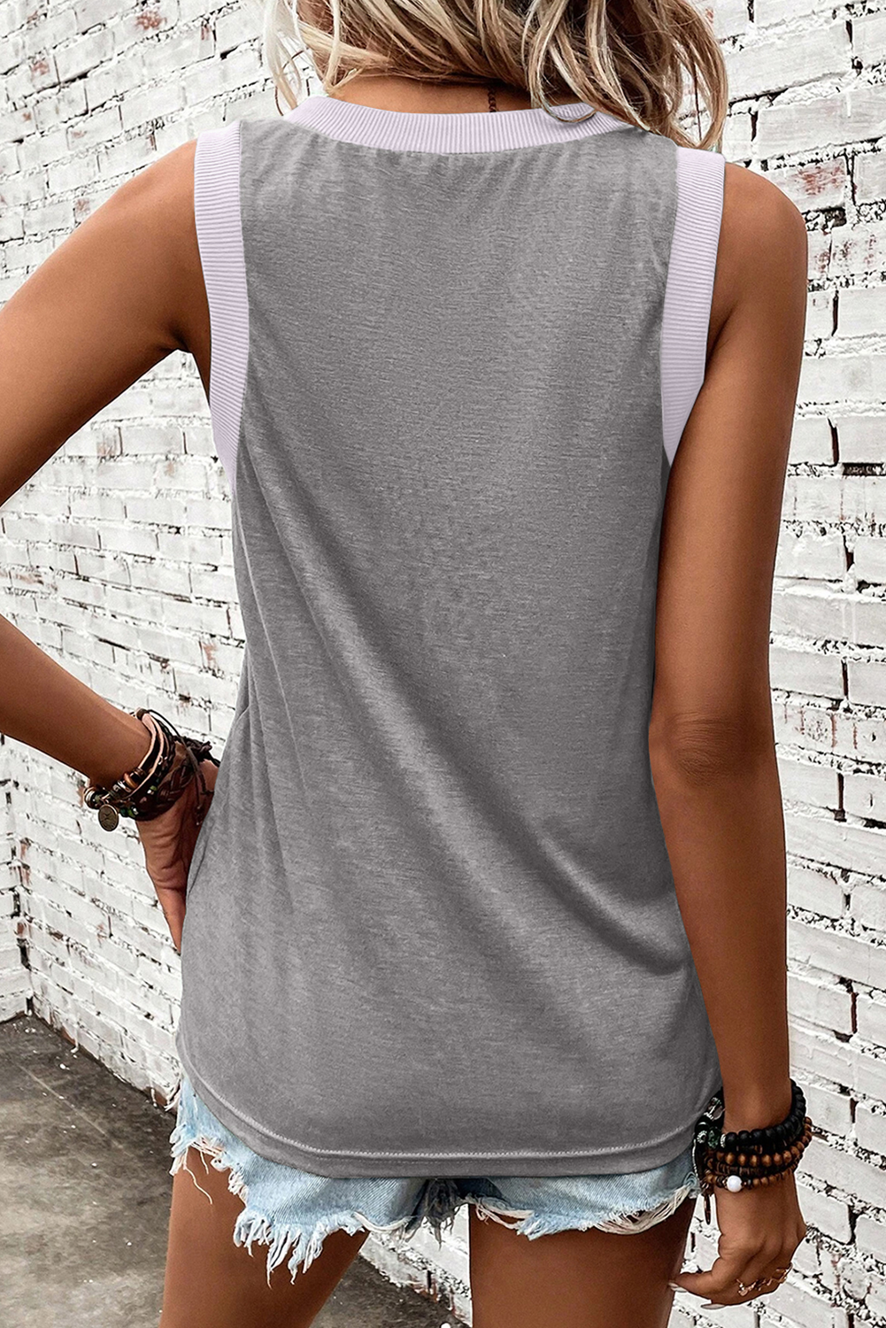 Gray Sequined Baseball Bat Graphic Ribbed Trim Casual Tank Top - loveforevers