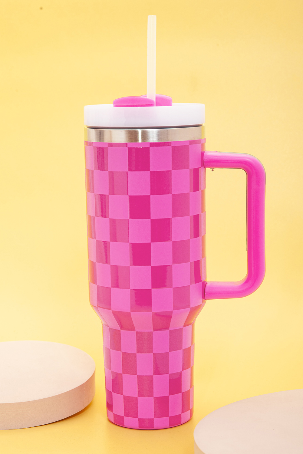 Bright Pink Checkered Print Handled Stainless Steel Tumbler Cup 40oz - loveforevers
