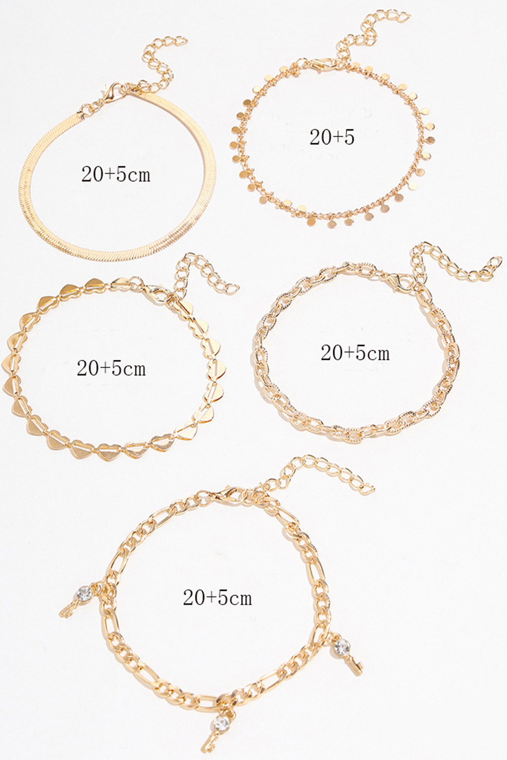 Gold Sweet Heart Rhinestone Dangle 5-piece Anklets - loveforevers