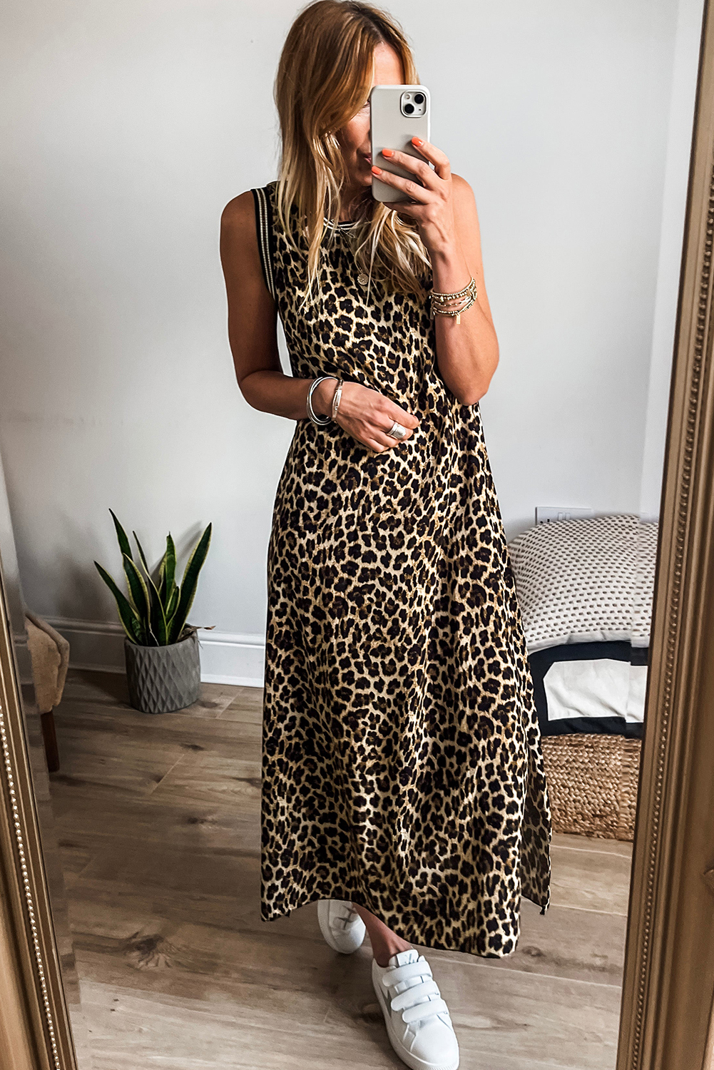 Black Contrast Striped Trim Leopard Sleeveless Maxi Dress - loveforevers