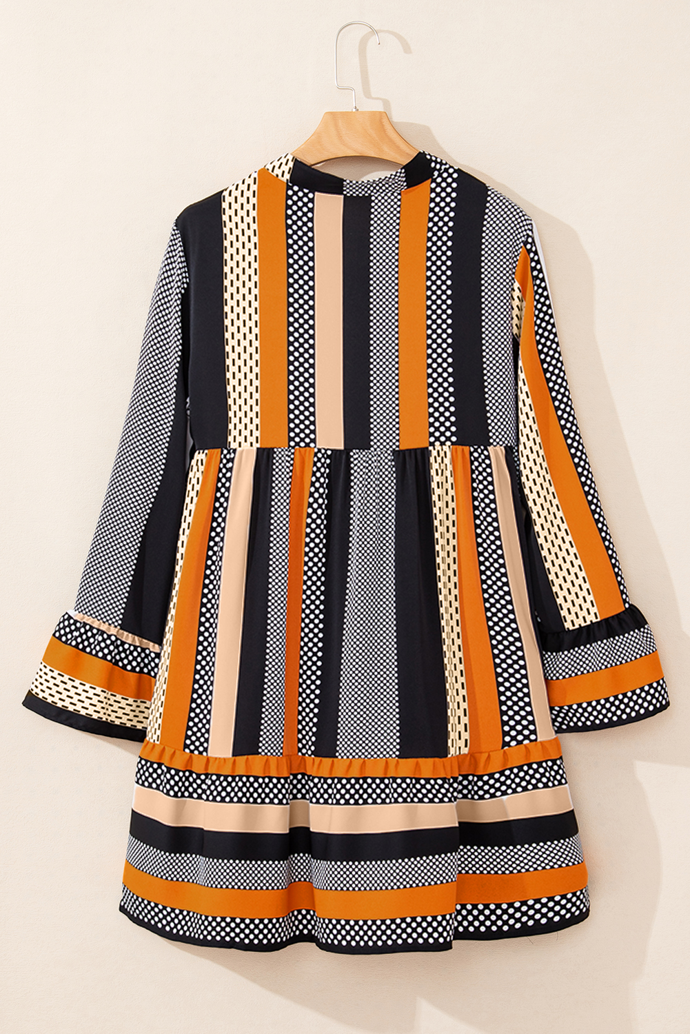 Black Striped Polka Dot Print Ruffled Hem V Neck Mini Dress - loveforevers