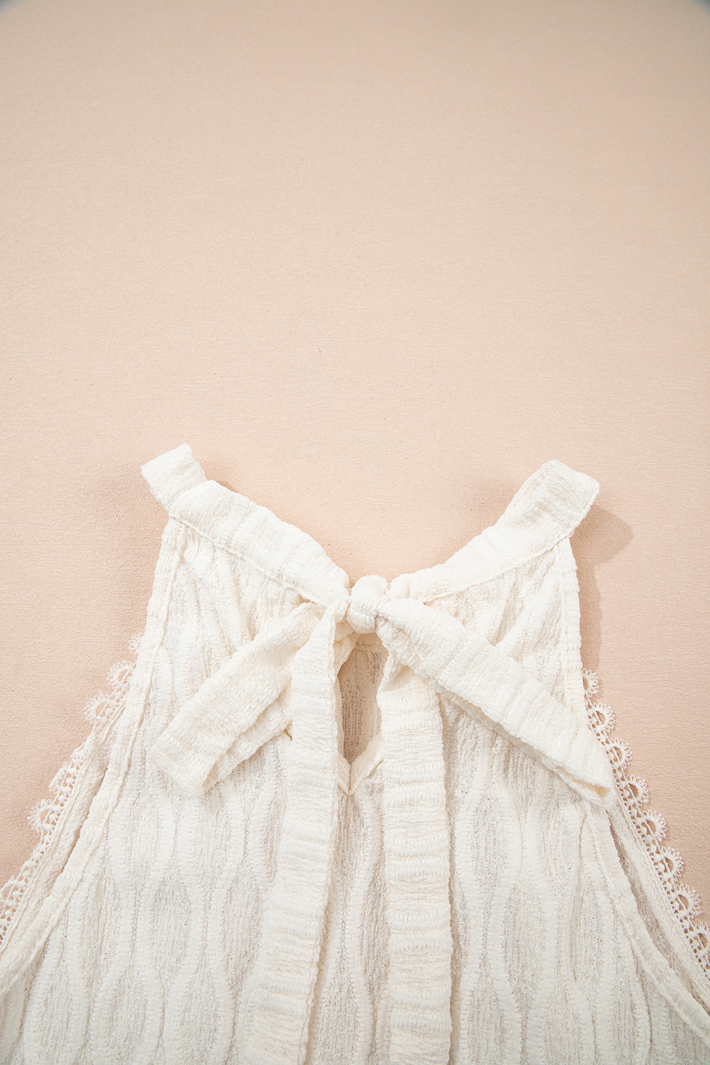 Beige Frenchy Lace Trim Textured Halter Tank Top - loveforevers