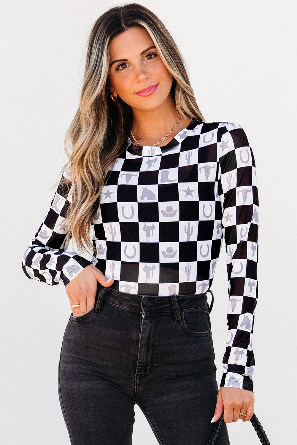 Khaki Checkered Pattern Mesh Mock Neck Long Sleeve Top - loveforevers