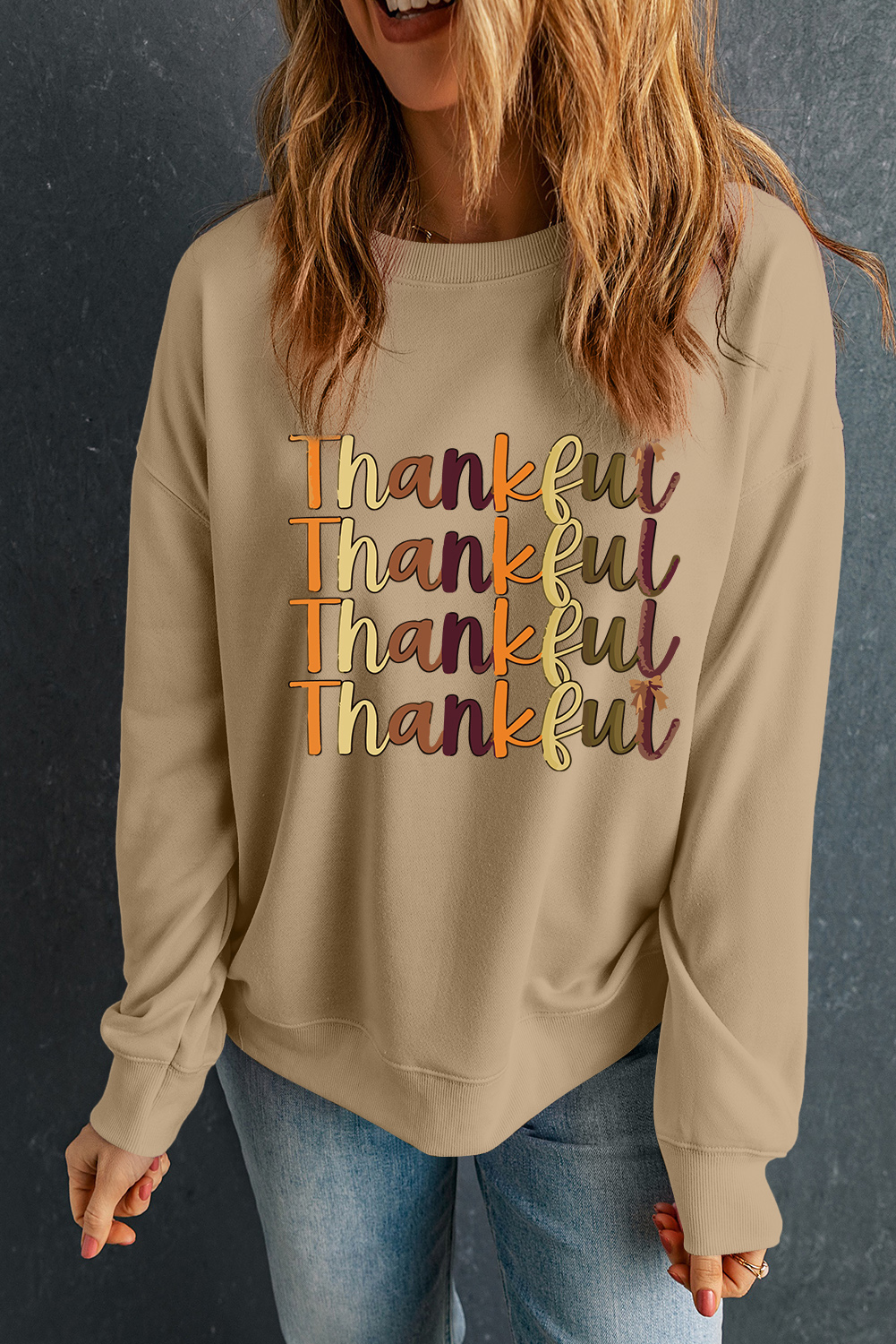 Khaki Thankful Repeated Print Drop Shoulder Casual Sweatshirt - loveforevers