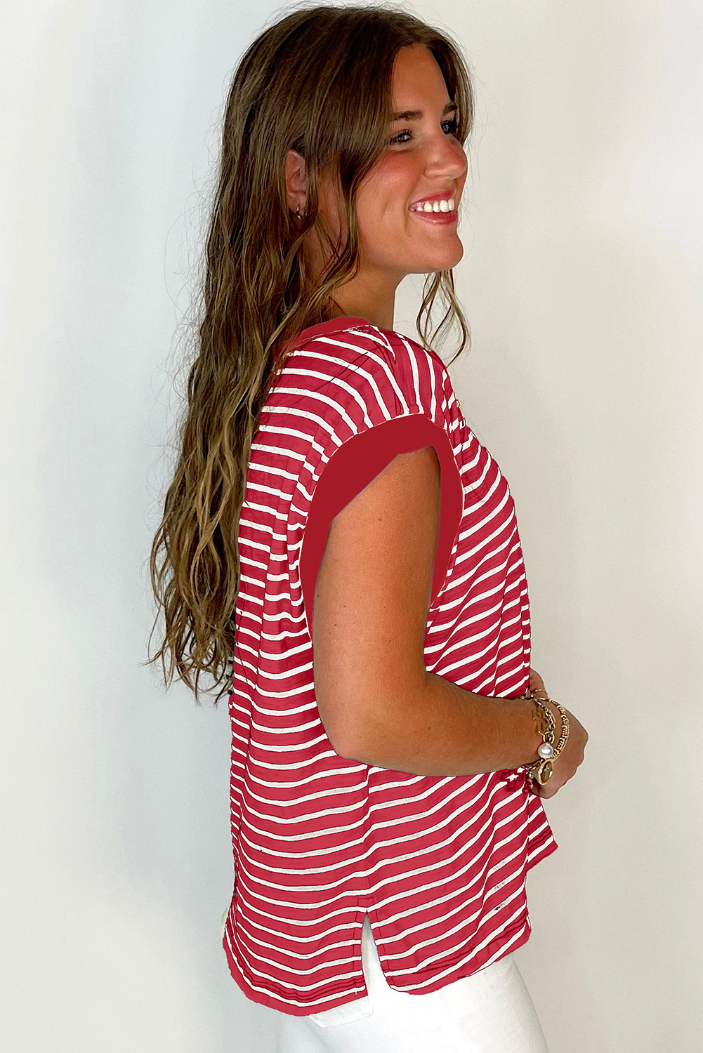 Red Stripe Chest Pocket Patch Round Neck Tank Top - loveforevers