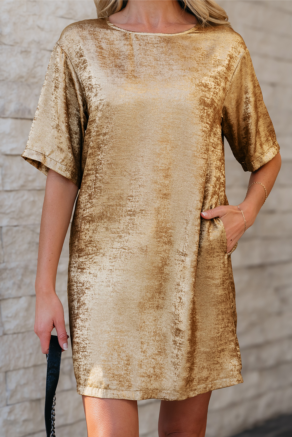 Gold Metallic Luster Crewneck Mini T-Shirt Dress - loveforevers