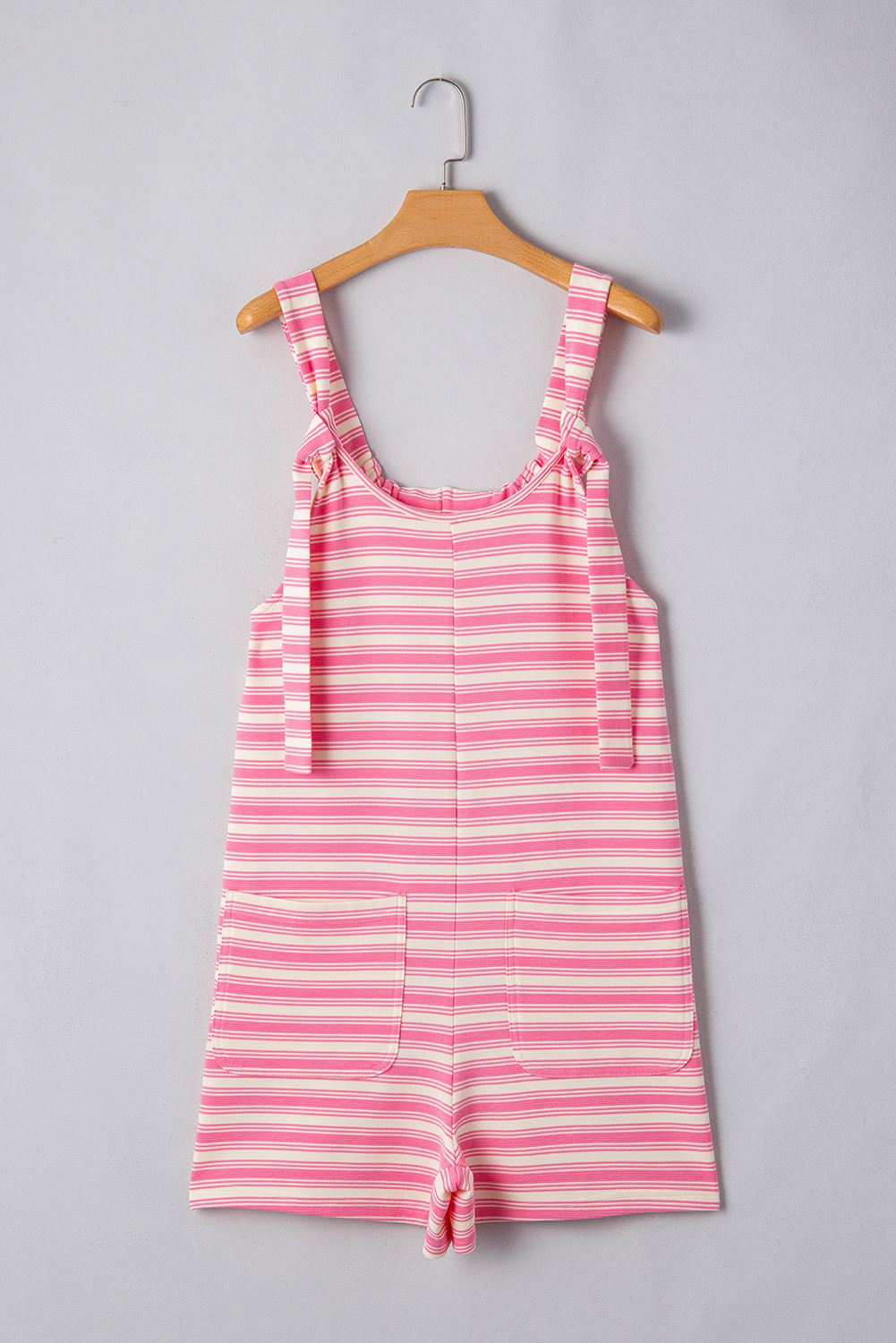 Pink Stripe Knotted Strap Patched Pocket Romper - loveforevers
