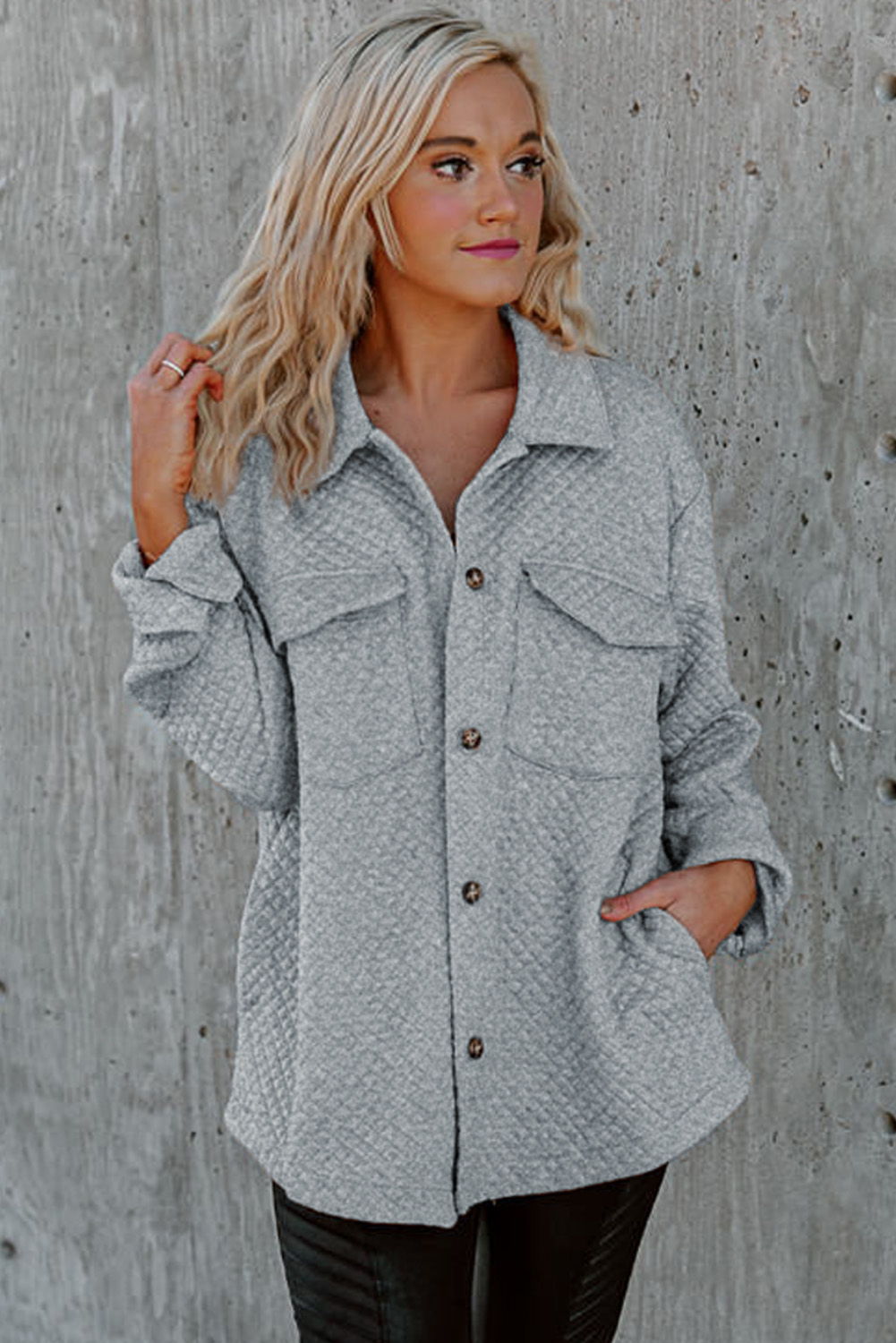 Gray Retro Quilted Flap Pocket Button Shacket - loveforevers