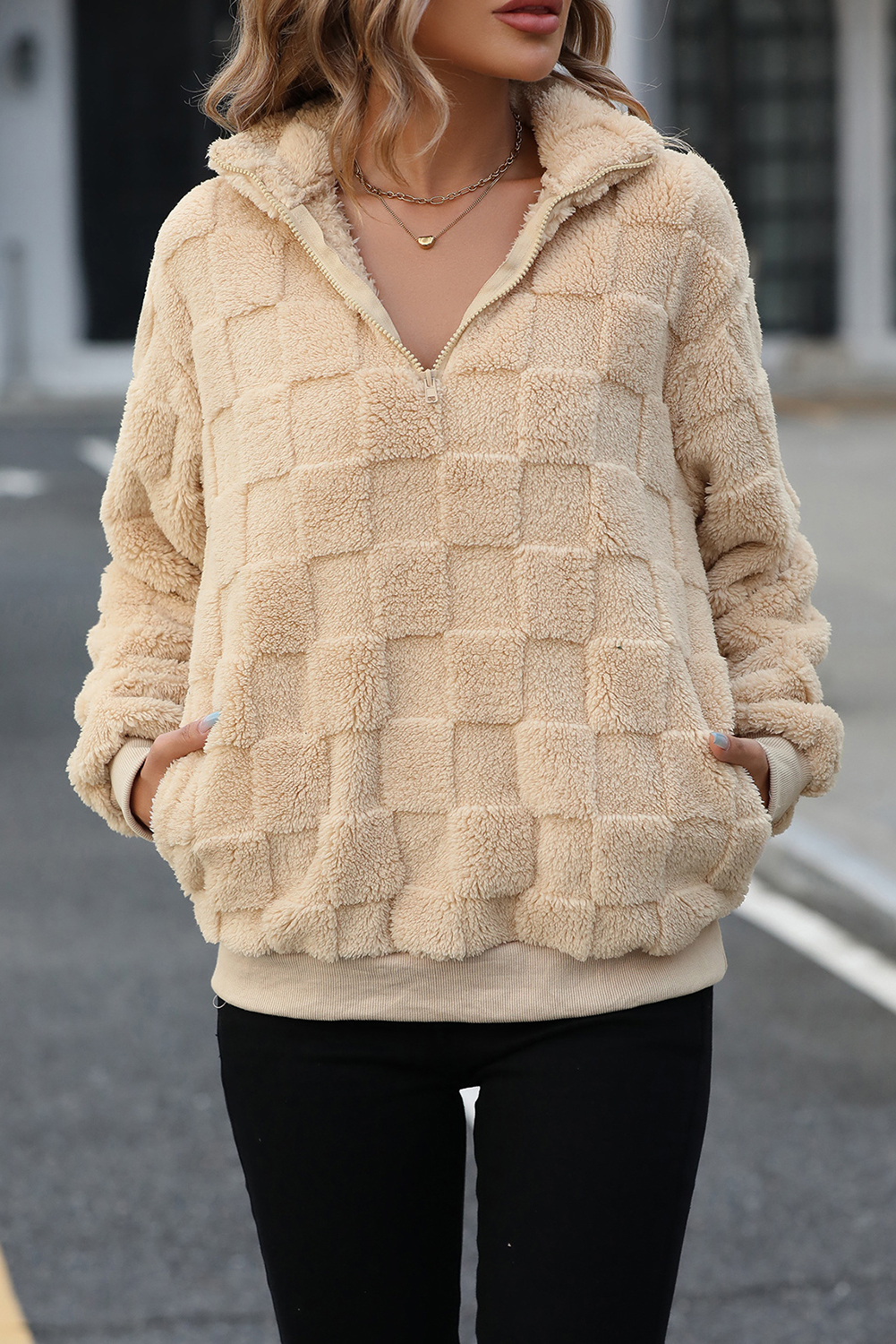 Apricot Checkered Plush Quarter Zipper Pullover Sweatshirt - loveforevers