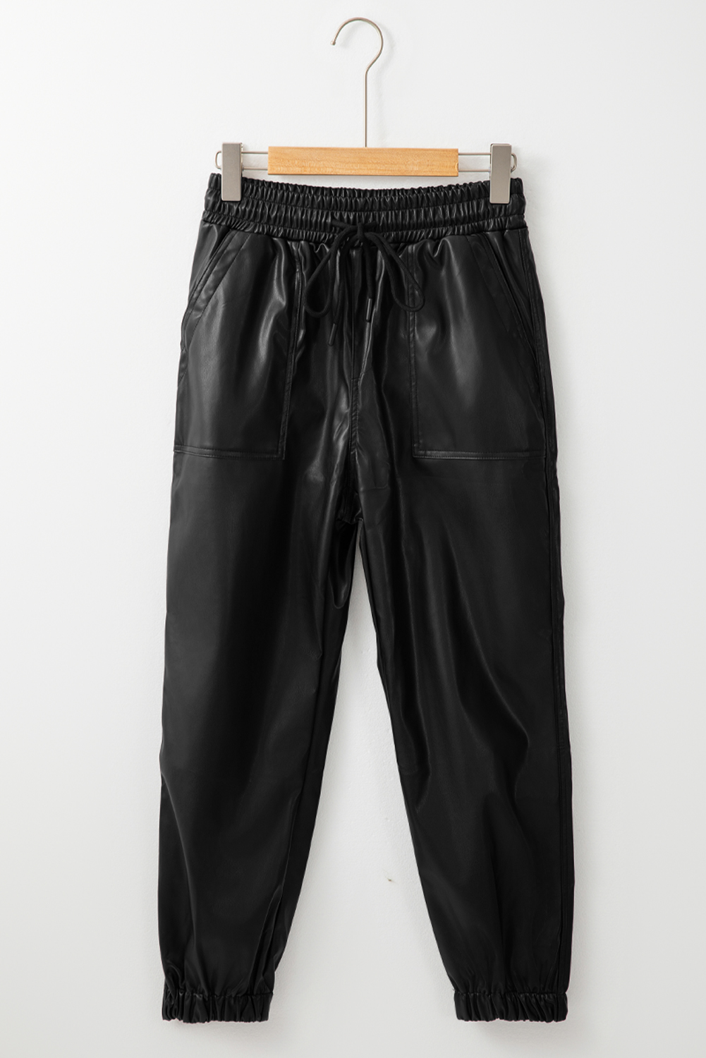 Black Faux Leather Ankle Smocked Waist Drawstring Joggers - loveforevers