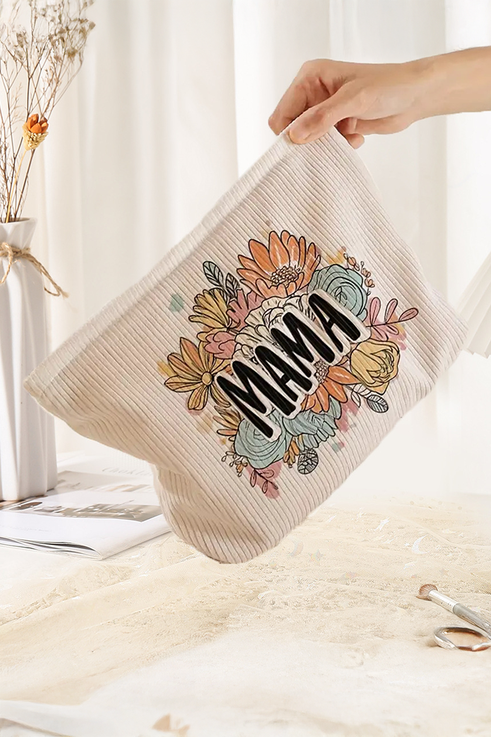 White MAMA Flower Print Corduroy Large Cosmetic Bag - loveforevers