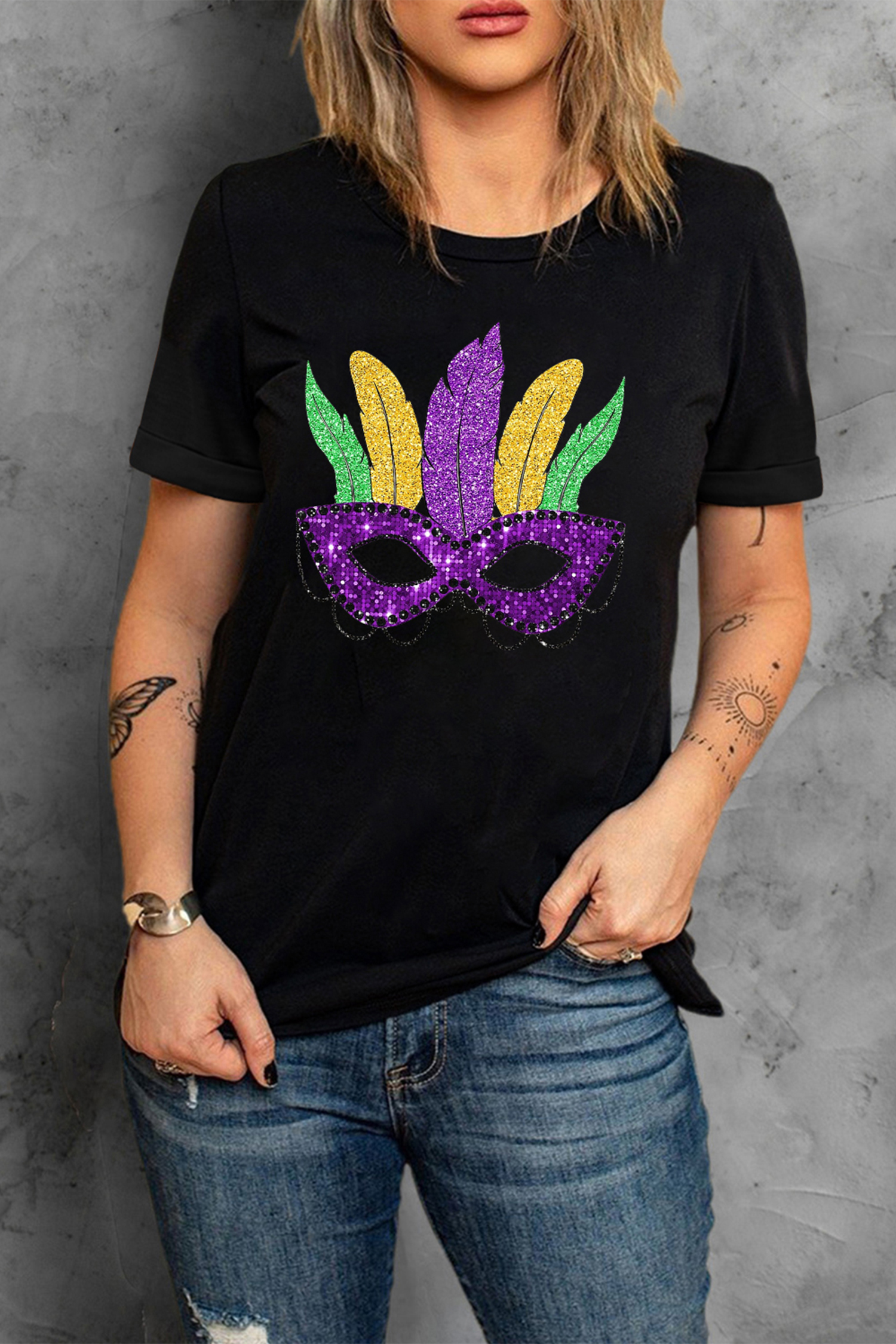 Black Glitter Mardi Gras Mask Graphic T Shirt - loveforevers