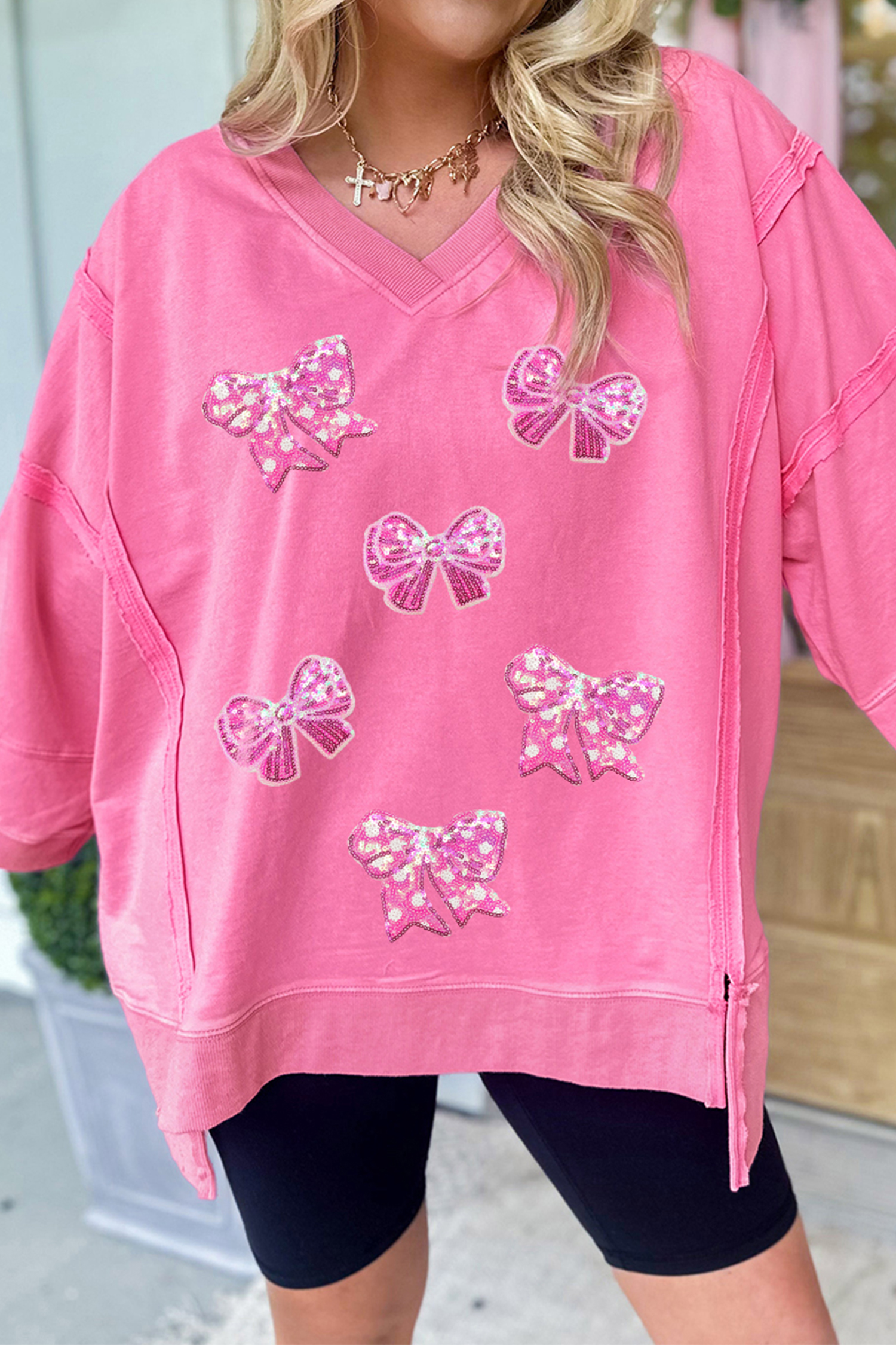 Bonbon Sequined Bow Patched Exposed Seam Bracelet Sleeve High Low T Shirt - loveforevers