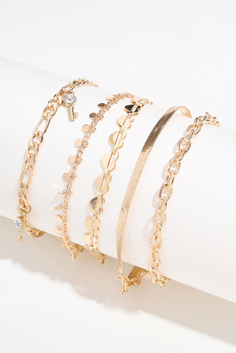 Gold Sweet Heart Rhinestone Dangle 5-piece Anklets - loveforevers