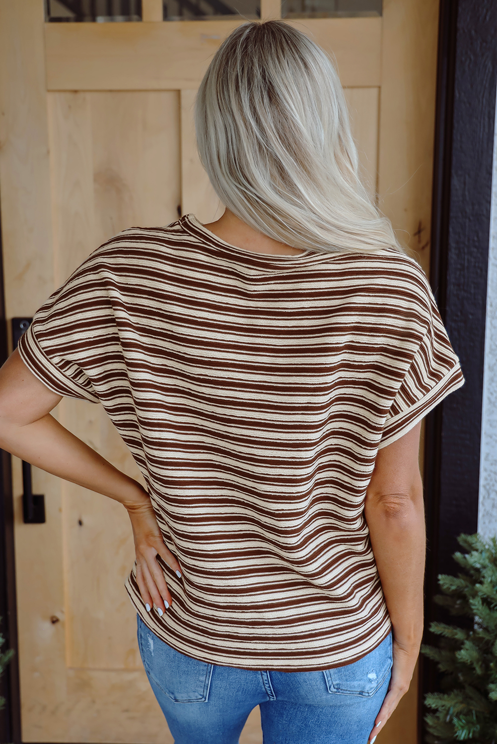 Green Stripe Textured Side Slits Crew Neck T Shirt - loveforevers