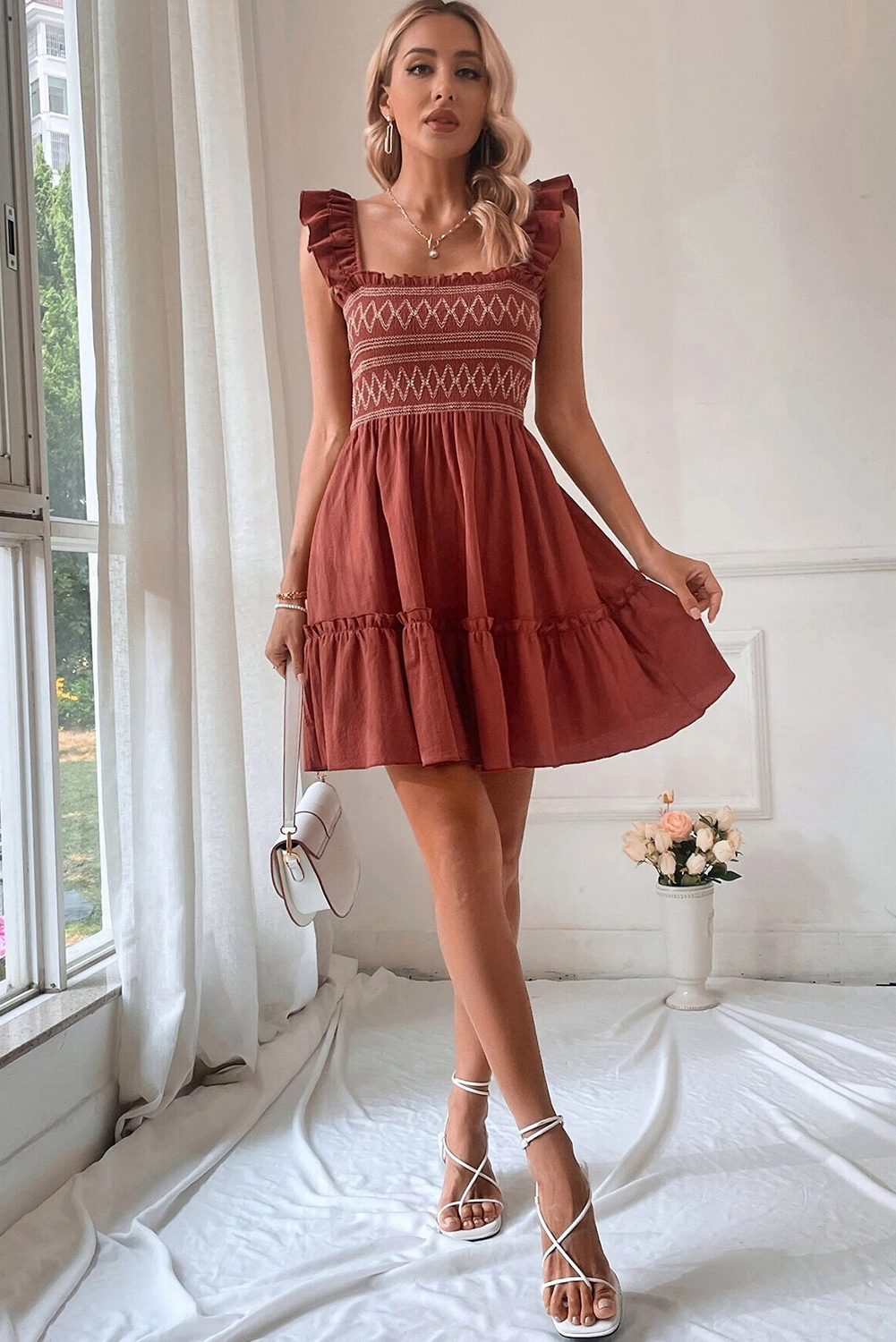 Red Sandalwood Geometric Stitch Shirred Bodice Ruffled Trim Sleeveless Mini Dress - loveforevers