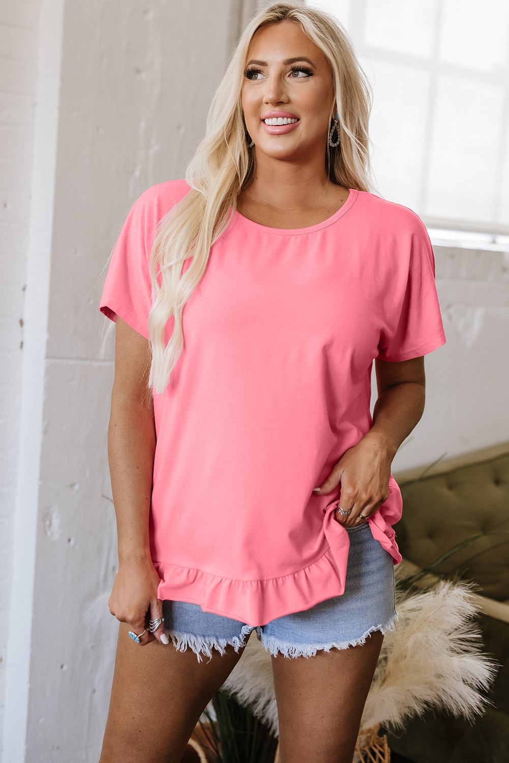 Pink Frilled Hem Loose T-Shirt - loveforevers