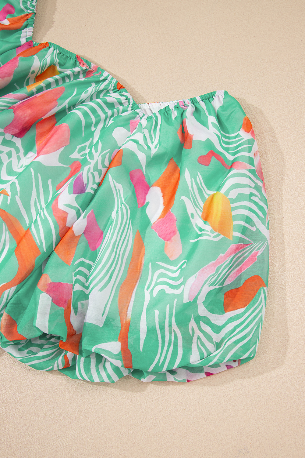 Green Tropical Boho Print Puff Sleeve Square Neck Loose Plus Blouse - loveforevers