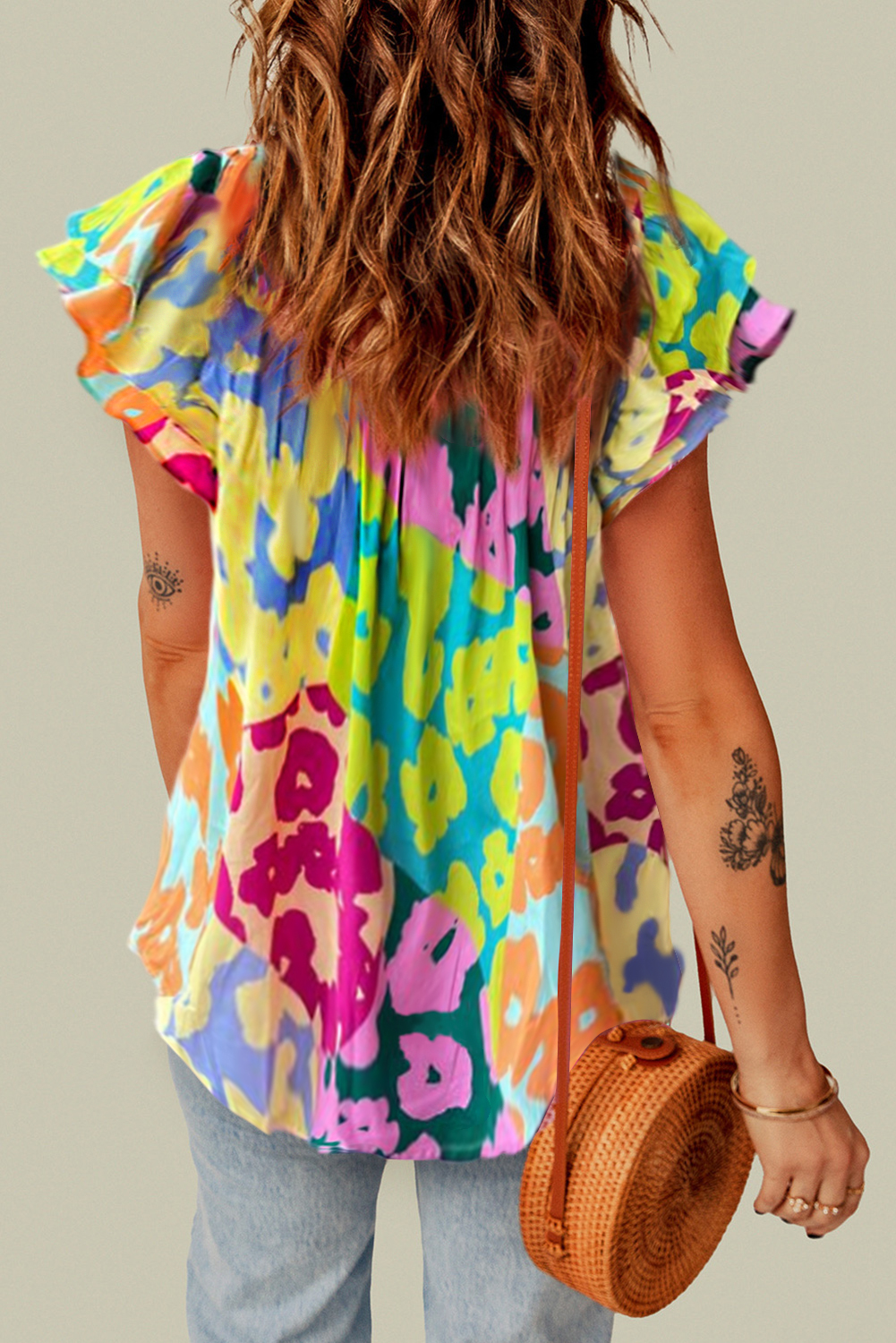 Multicolour Leopard Flutter Sleeve V Neck Crinkled Blouse - loveforevers