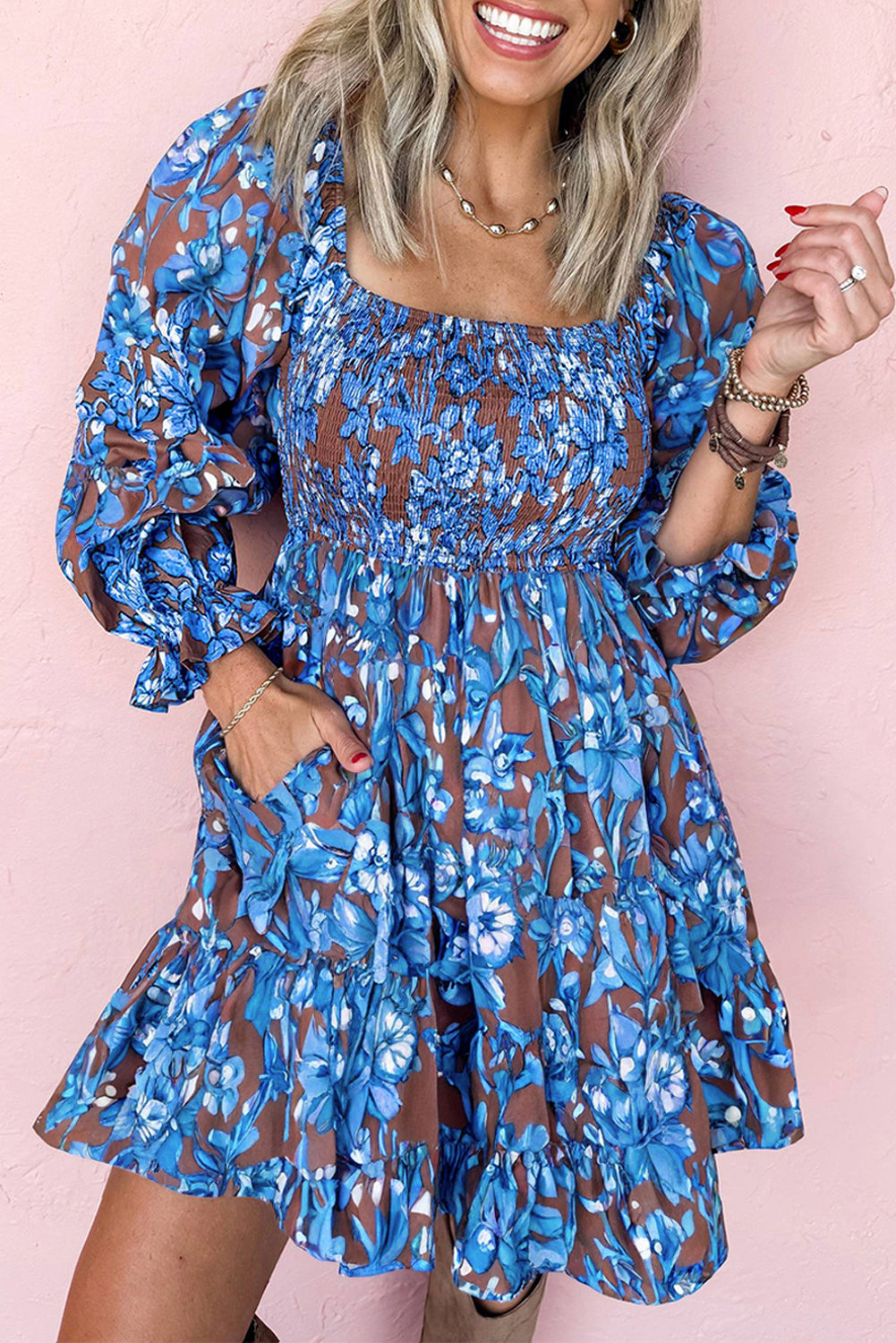 Blue Smocked Bodice High Waist Ruffled Sleeve Floral Dress - loveforevers