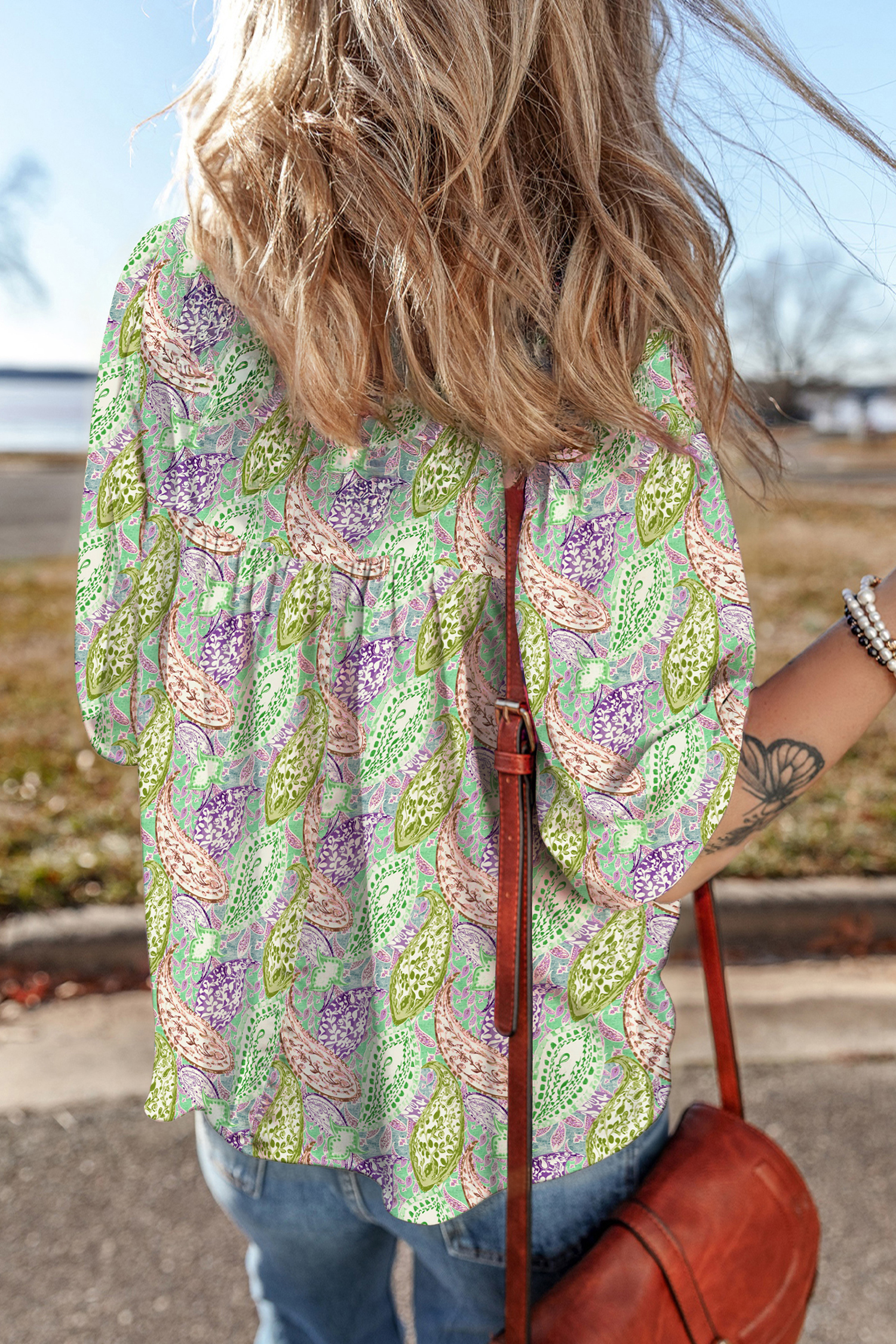 Green Boho Paisley Print Half Puff Sleeve Blouse - loveforevers