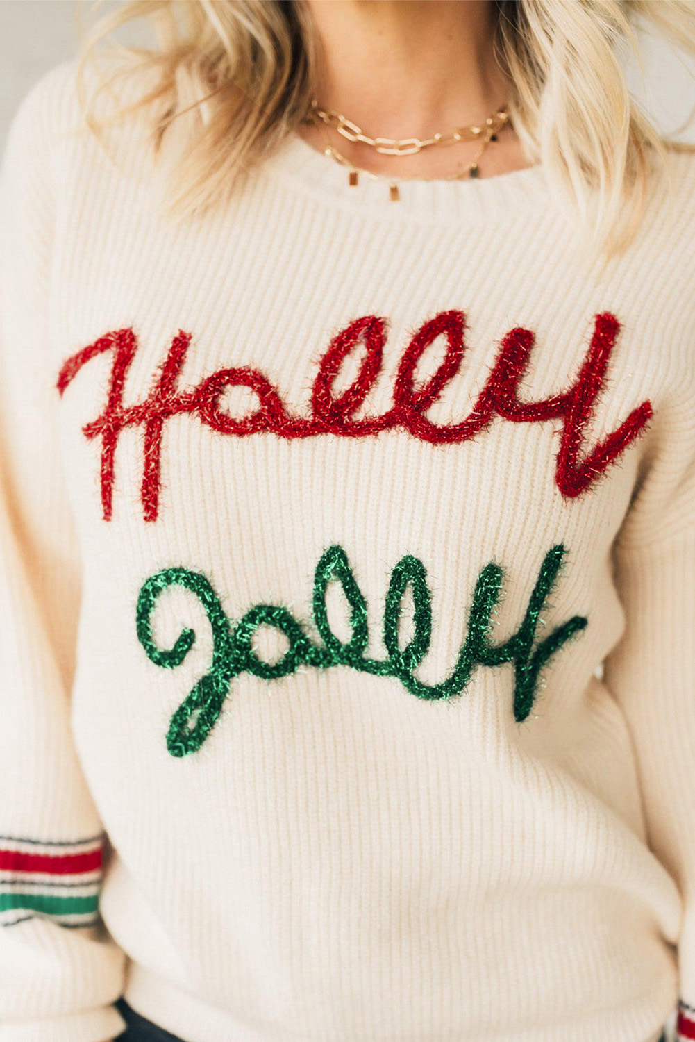 Beige Tinsel Holly Jolly Graphic Classic Sweater - loveforevers