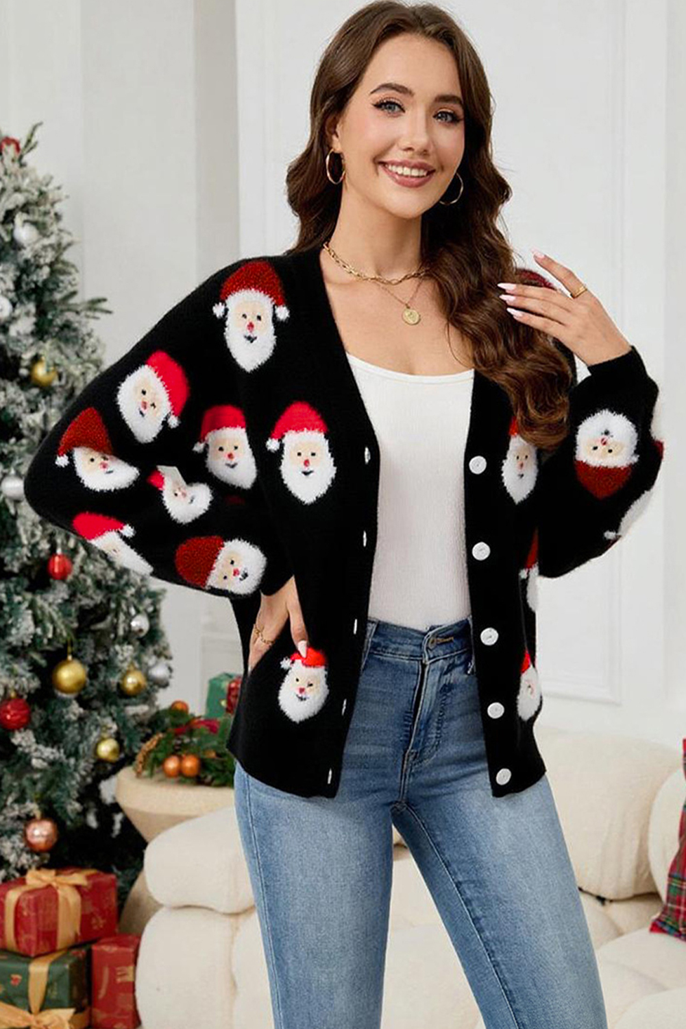 Black Christmas Santa Claus Pattern Button V Neck Sweater Cardigan - loveforevers