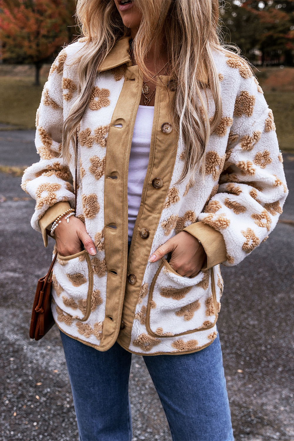 Light French Beige Cute Flower Pattern Button Up Fleece Jacket - loveforevers