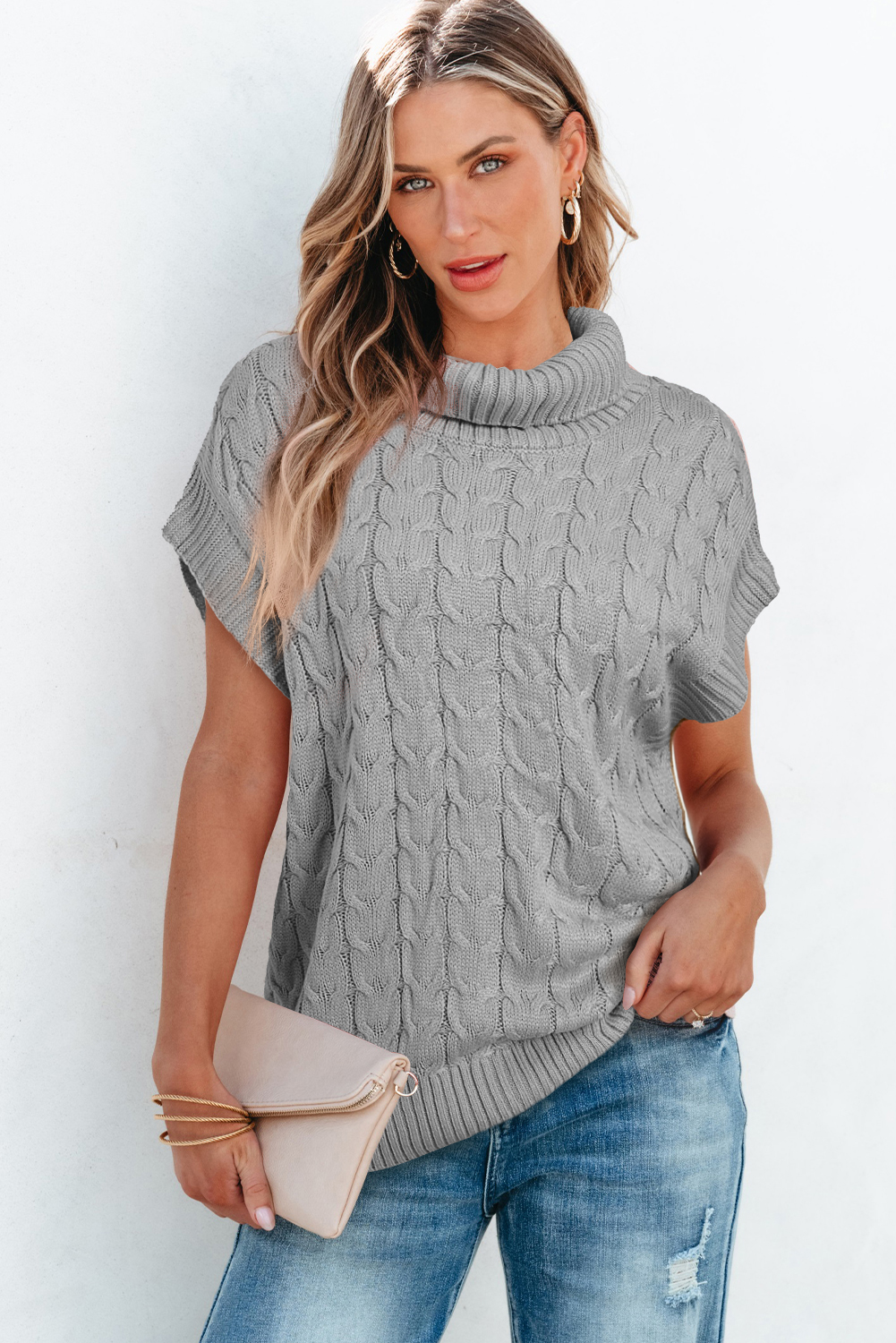 Medium Grey Cable Knit Turtleneck Batwing Sleeve Sweater - loveforevers