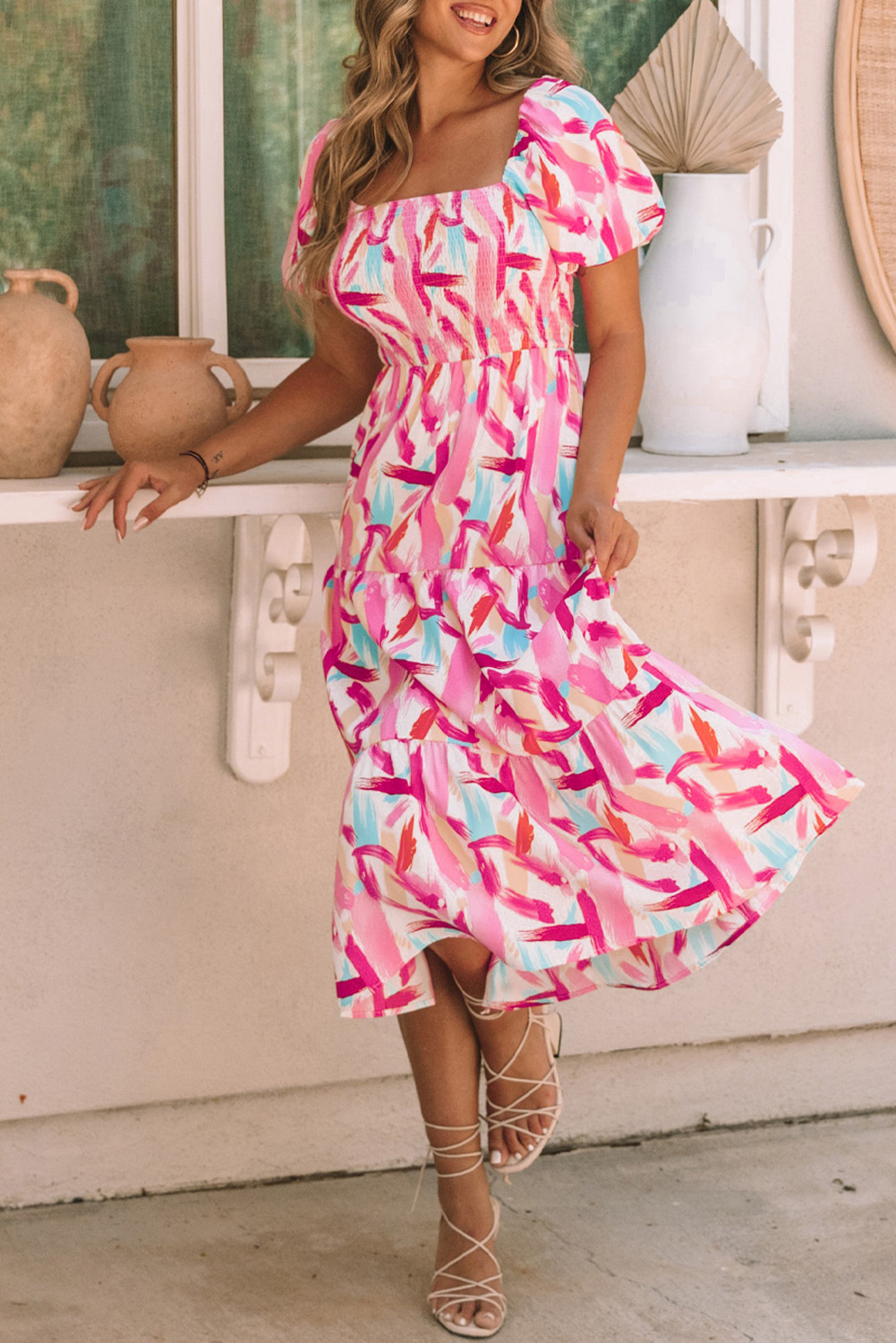 Pink Brush Stroke Printed Smocked Ruffle Tiered Dress - loveforevers