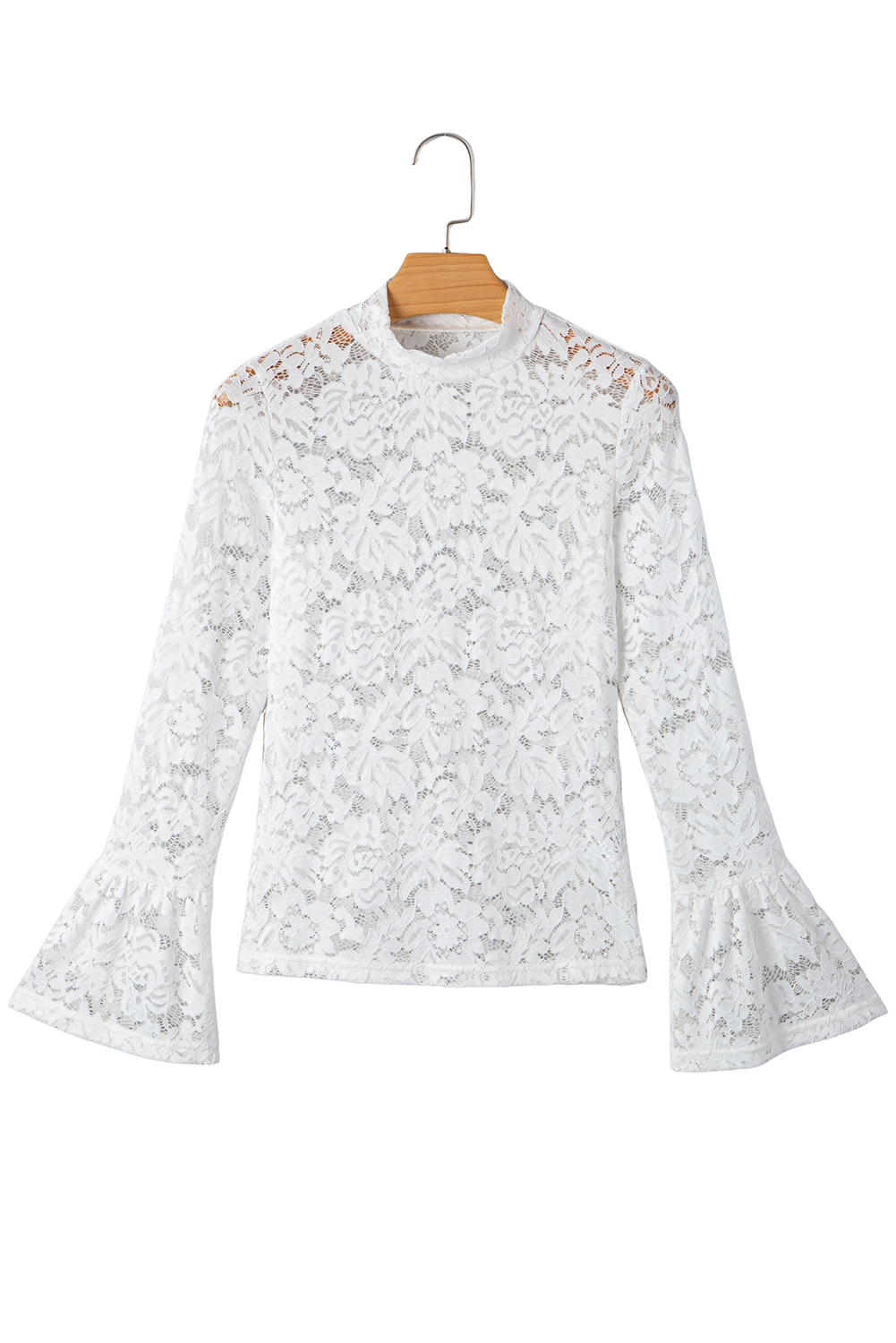 White Lace Crochet Bell Sleeve Mock Neck Blouse - loveforevers