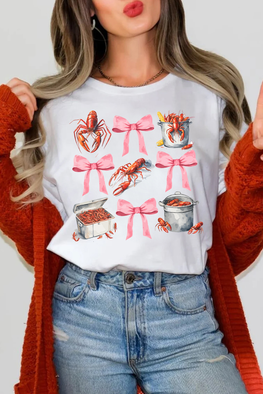 White Crawfish Boil Bow Graphic Crewneck Tee - loveforevers