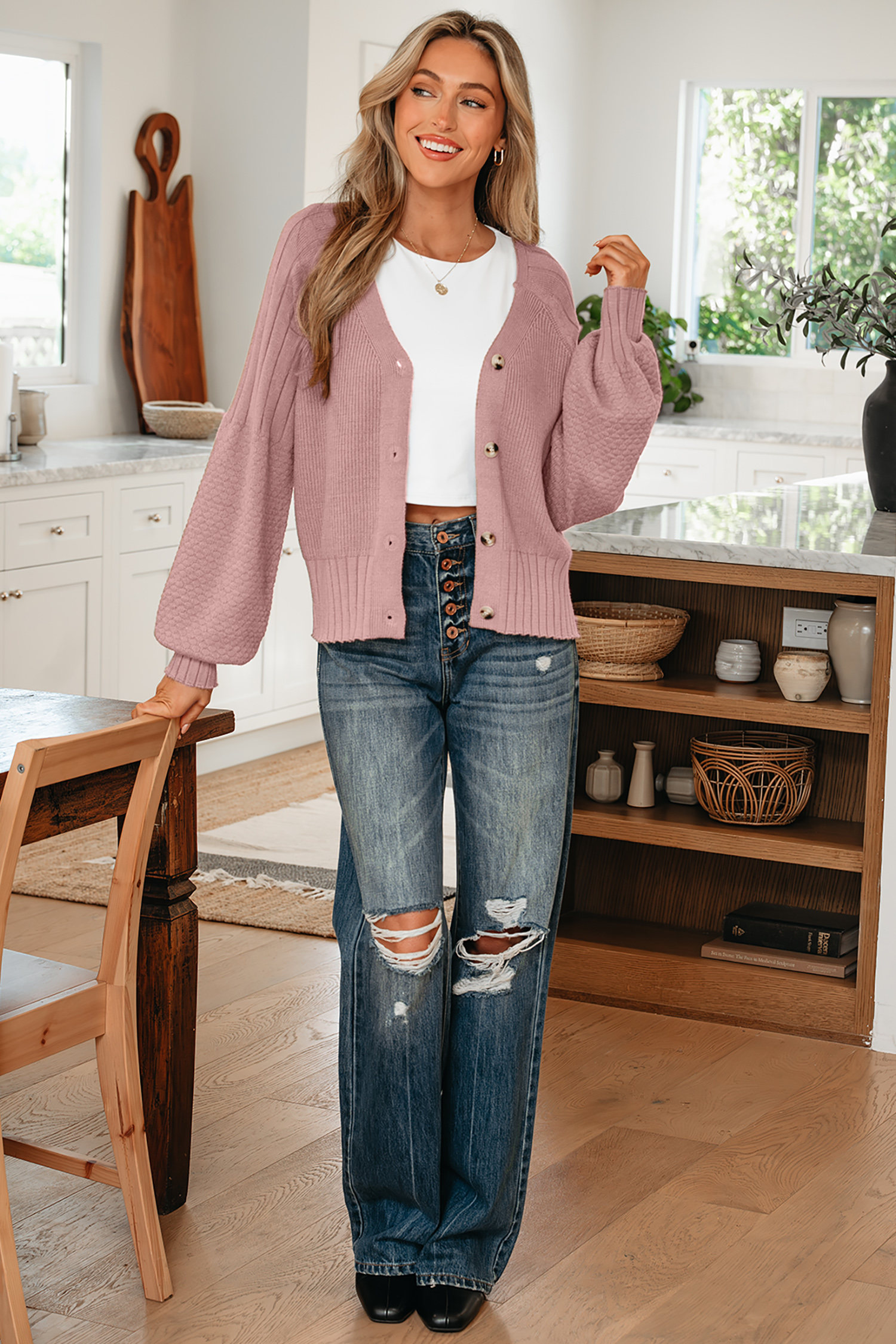 Light Pink Mixed Texture Knit Button V Neck Sweater Cardigan - loveforevers