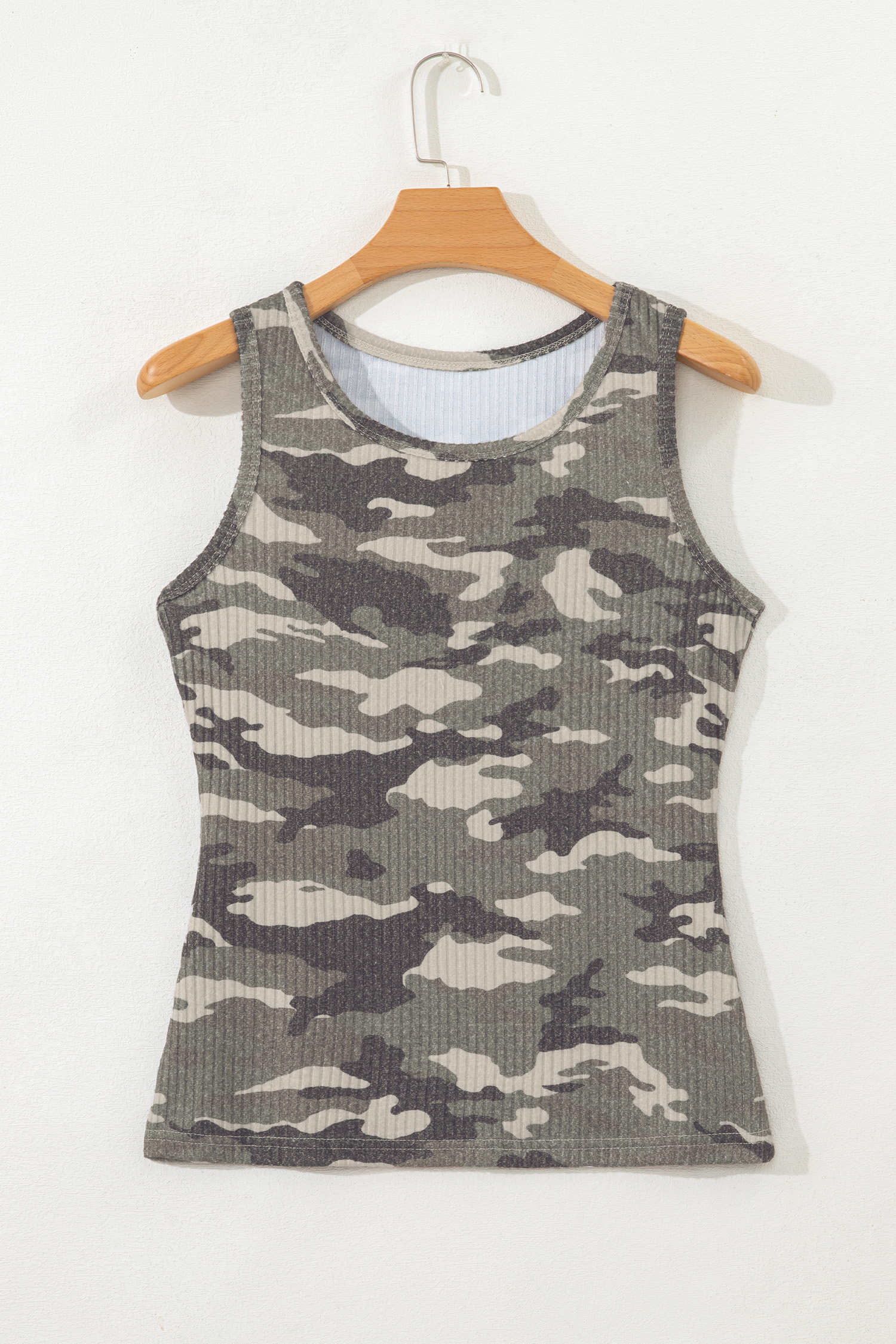 Gray Camouflage Print Ribbed Knit Round Neck Tank Top - loveforevers