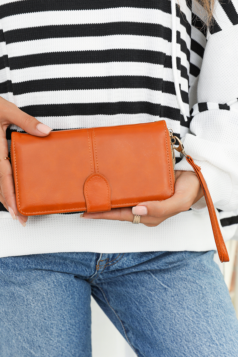 Cinnamon Faux Leather Zip Around Wrist Strap Long Wallet - loveforevers