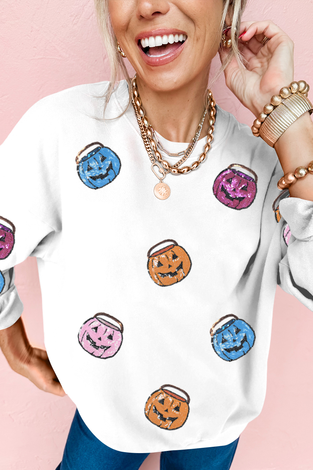 White Halloween Pumpkin Lantern Sequin Patched Sweatshirt - loveforevers
