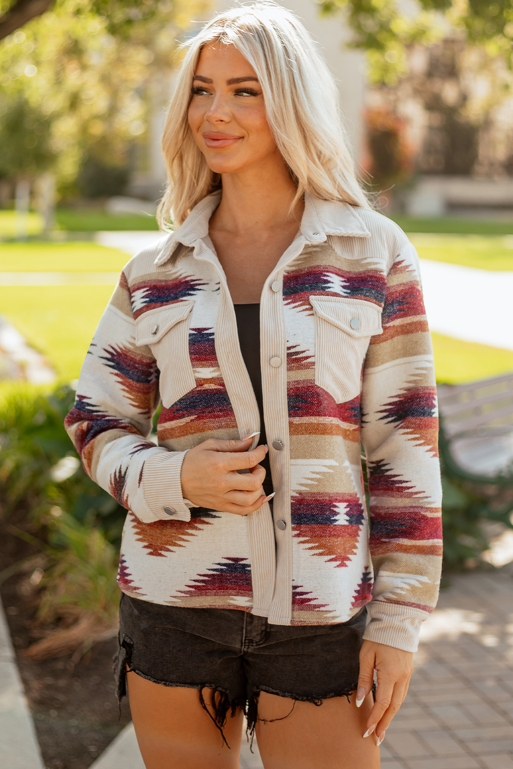 Multicolour Western Aztec Ribbed Patchwork Double Flap Pocket Raw Hem Shacket - loveforevers
