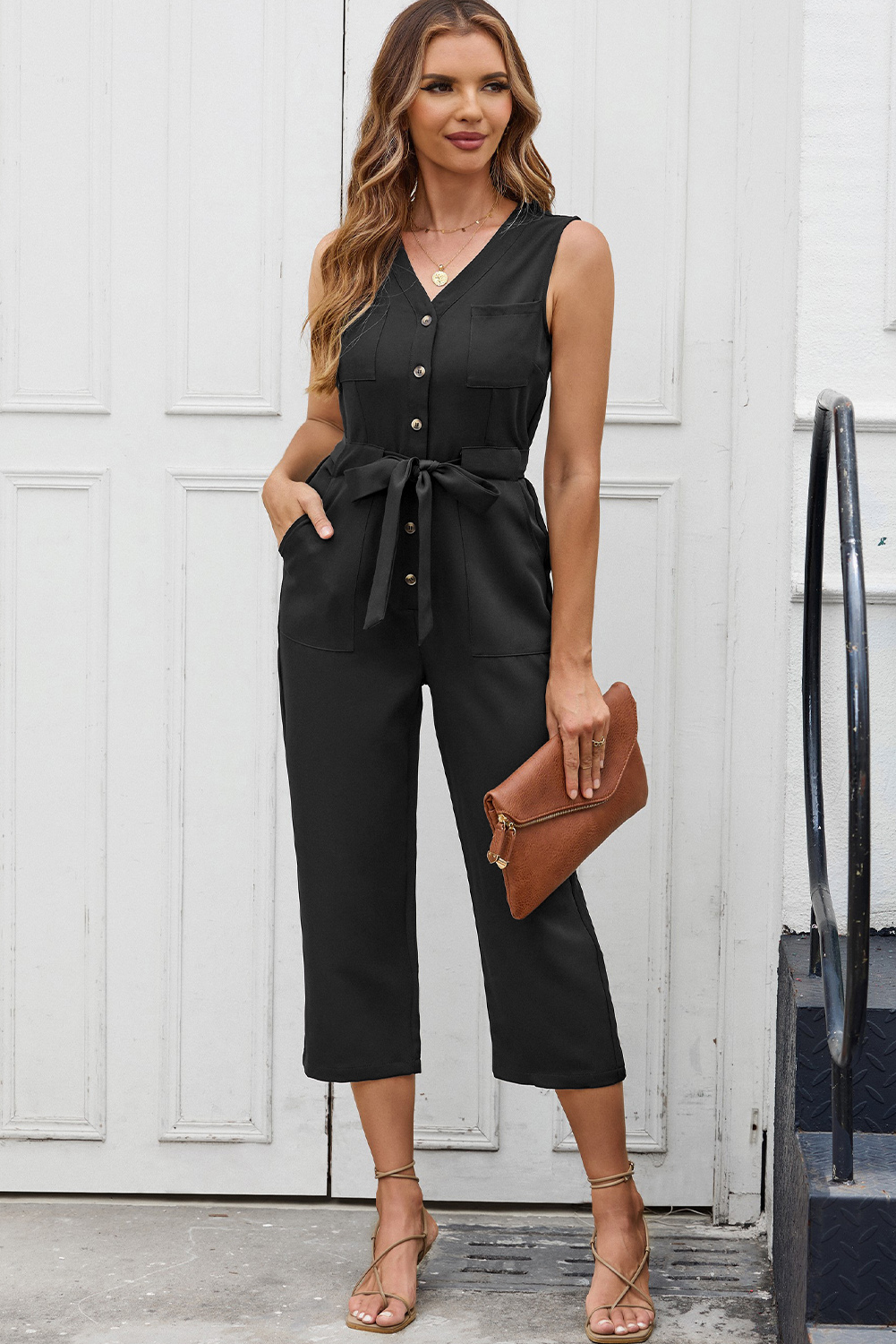 Black Buttoned Sleeveless Cropped Jumpsuit with Sash - loveforevers