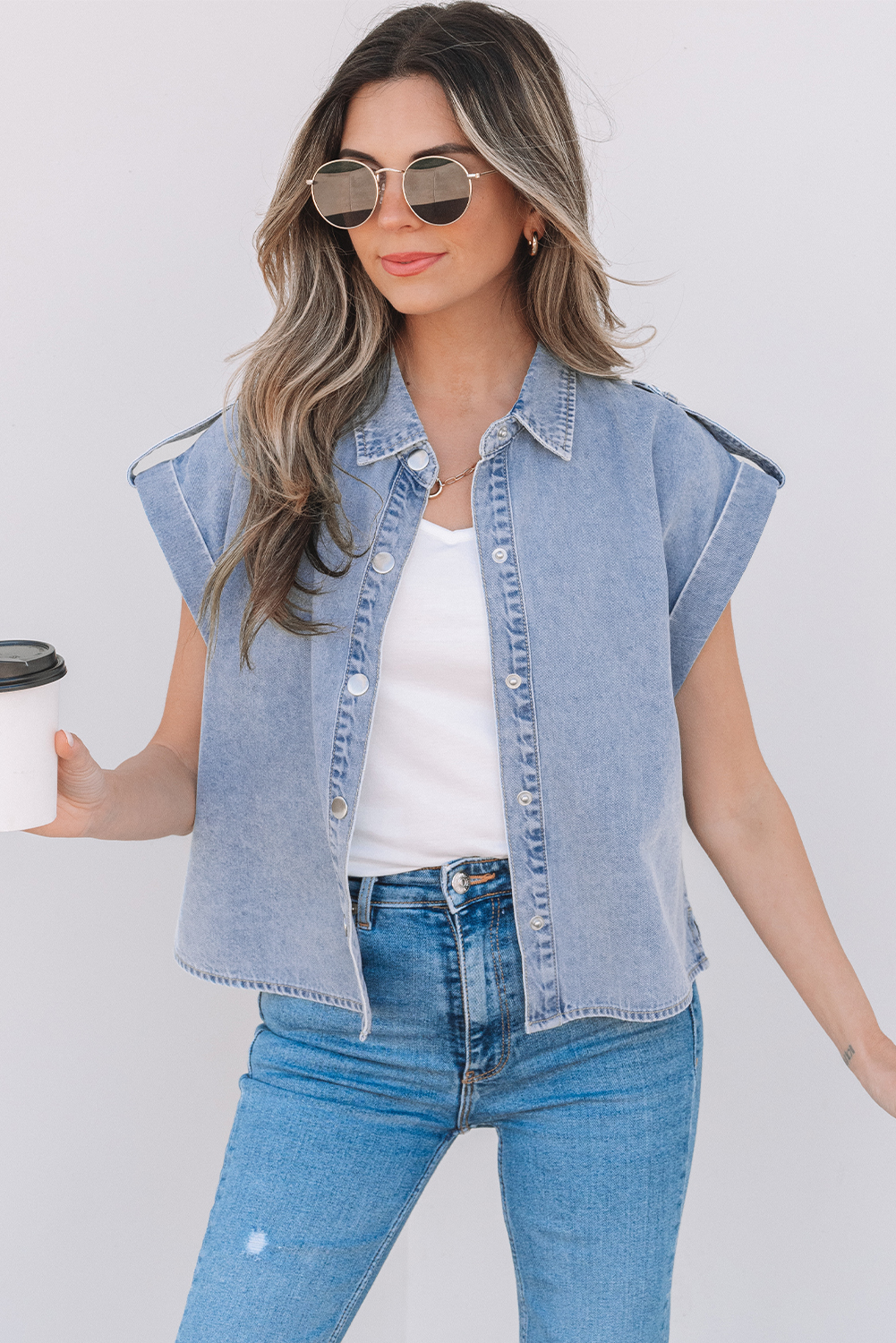 Dusk Blue Denim Pinup Folded Cap Sleeve Shirt - loveforevers
