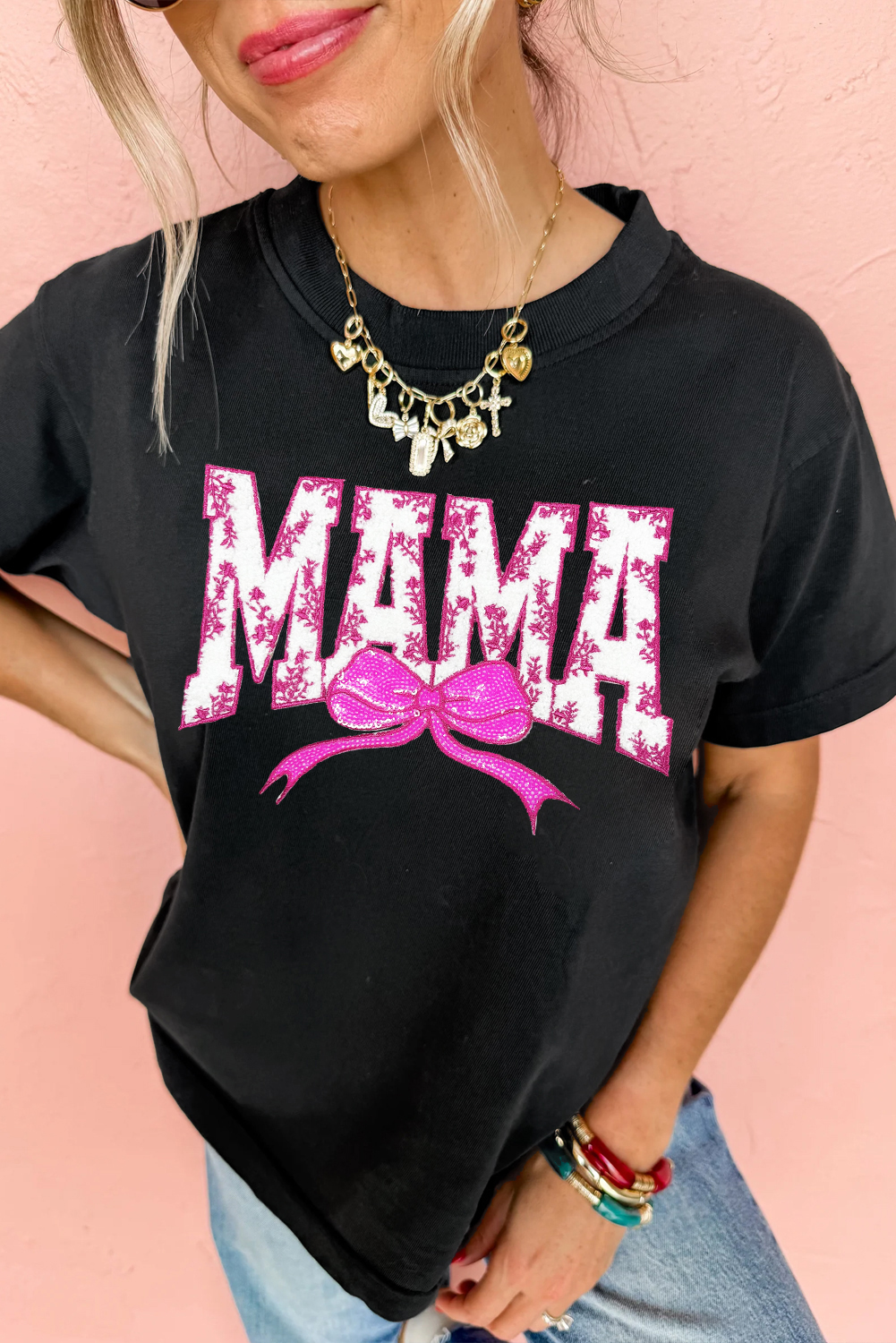 Black Floral MAMA Bow Graphic Crewneck T Shirt - loveforevers