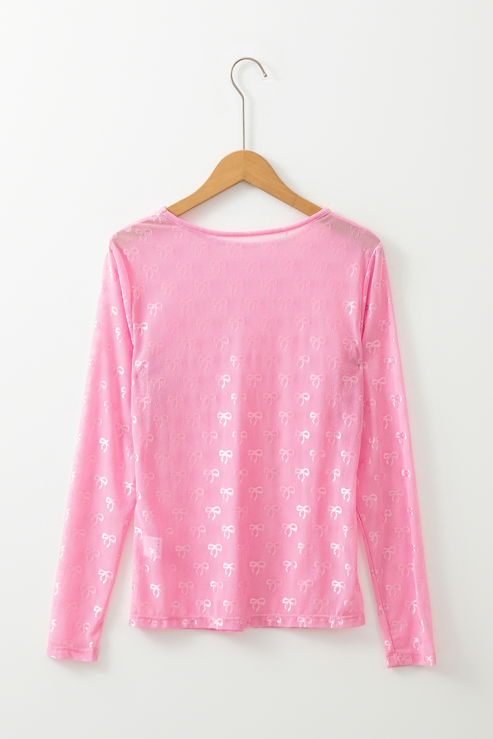 Pink Round Neck Bow Print Long Sleeve Mesh Top - loveforevers
