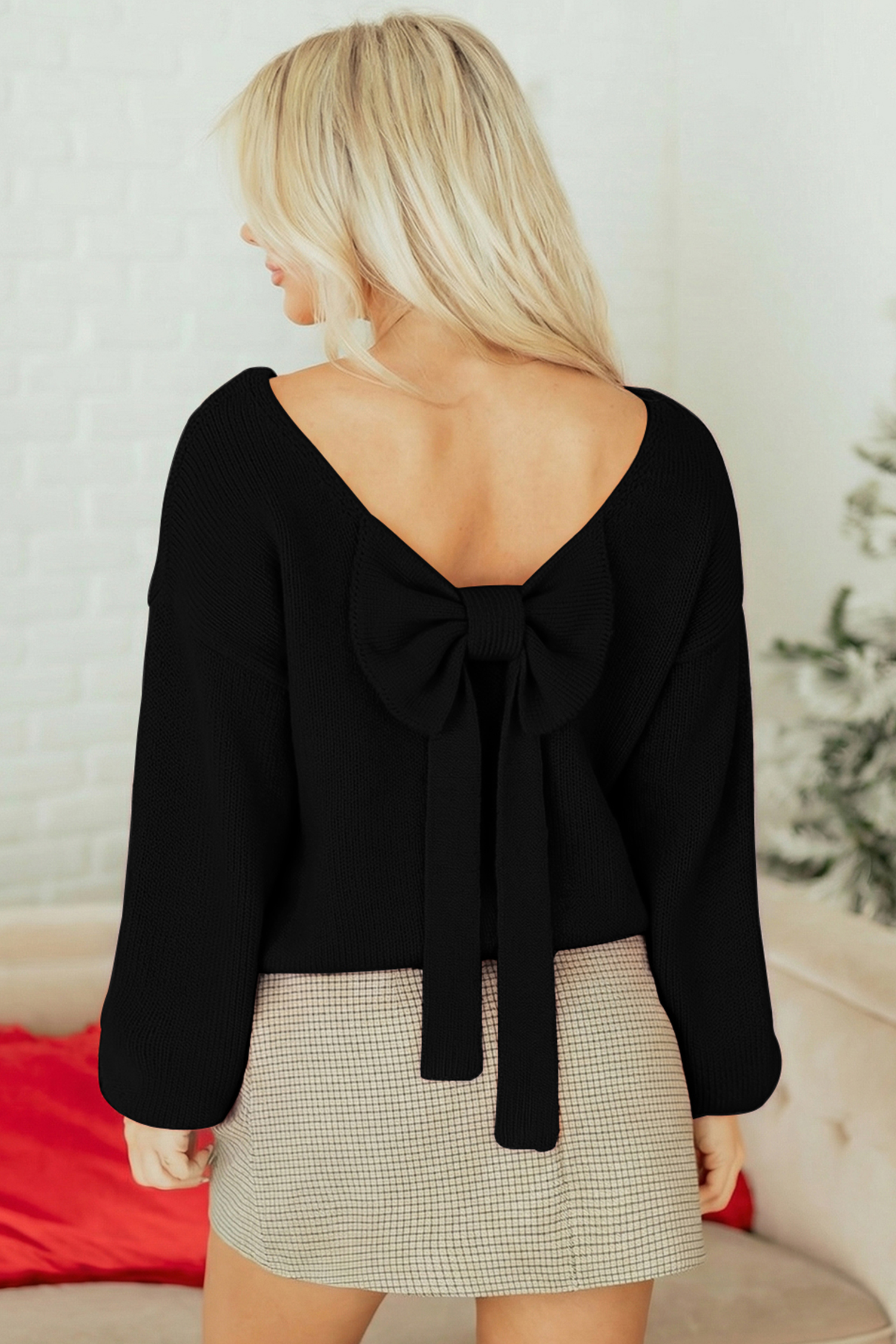 Bonbon Festive Bow Backless Bubble Sleeve Sweater - loveforevers