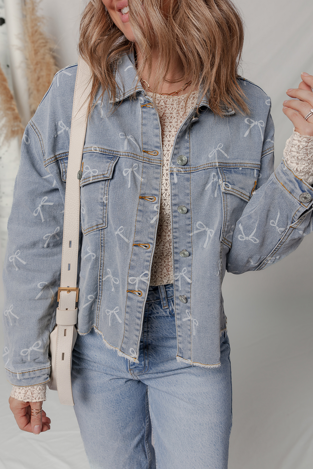 Sky Blue Bow Knot Print Light Wash Raw Hem Denim Jacket - loveforevers
