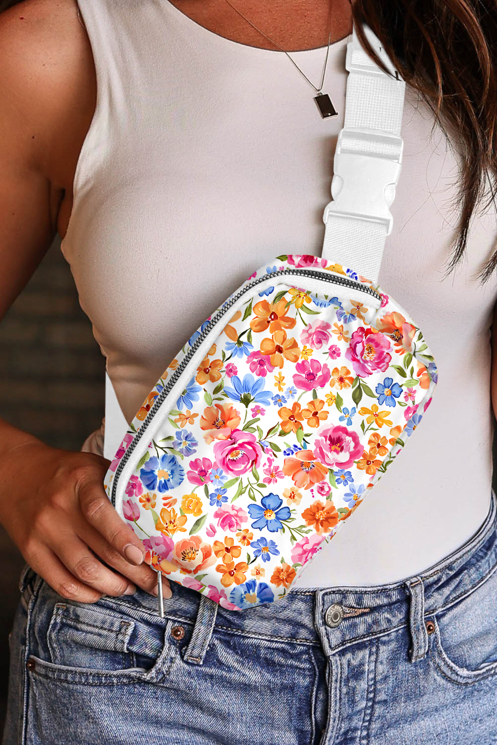 White Flower Print Buckle Wide Strap Crossbody Bag - loveforevers
