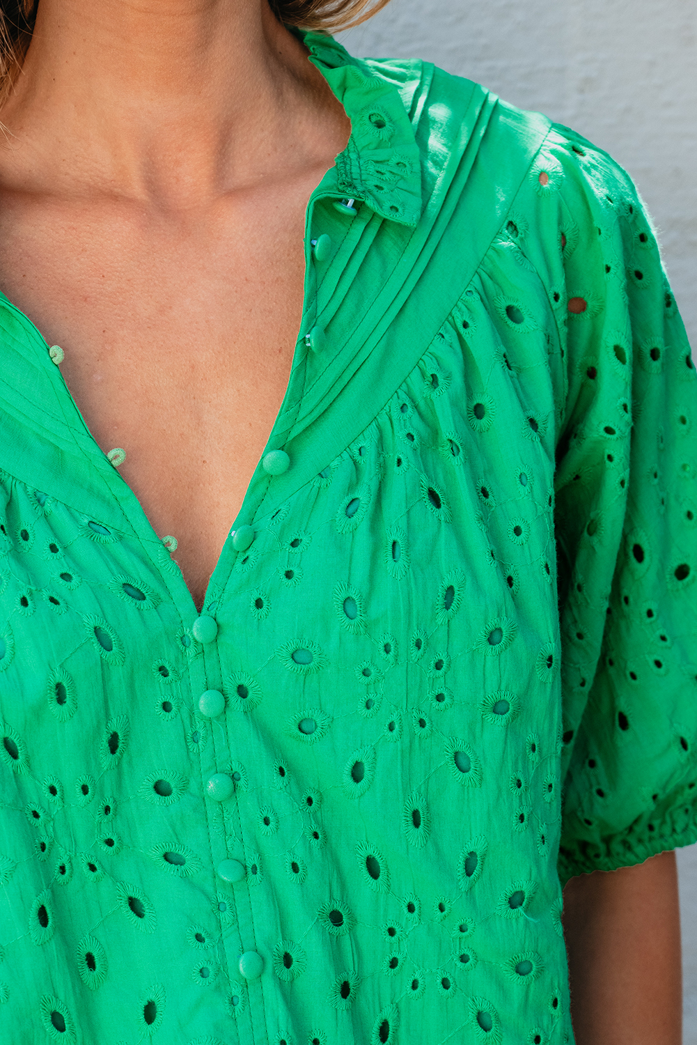 Green Flower Embroidered Hollow-out Puff Sleeve Blouse - loveforevers