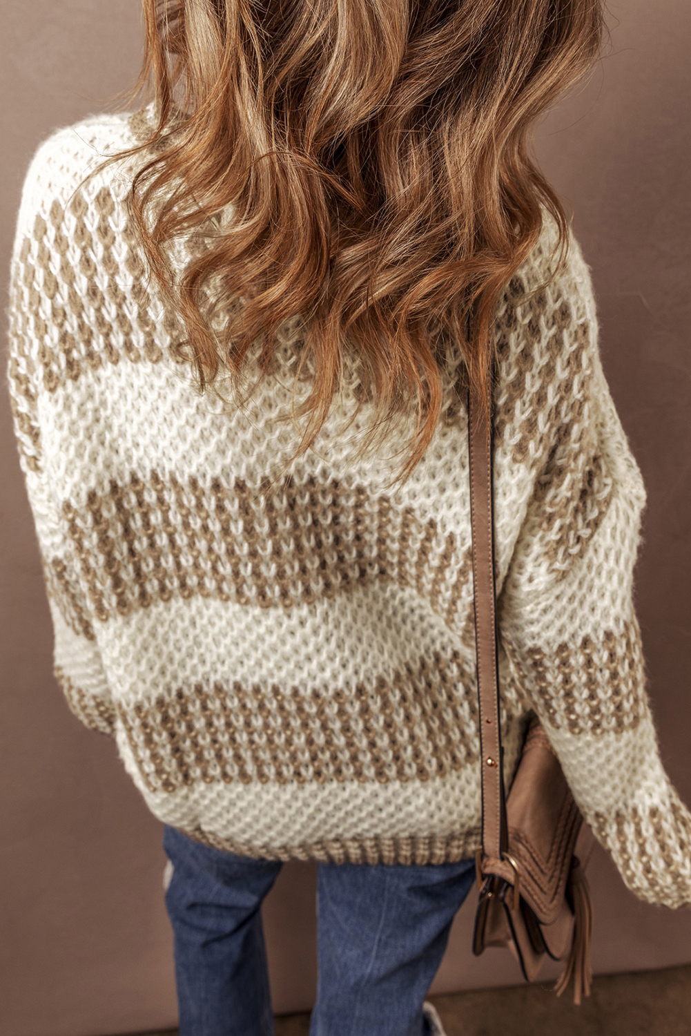 Brown Stripe Drop Shoulder Round Neck Loose Sweater - loveforevers