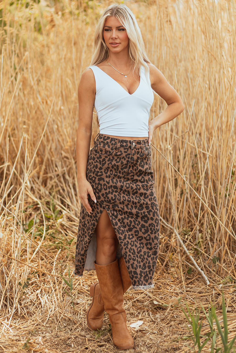 Brown Leopard Denim Frayed Split Denim Midi Skirt - loveforevers